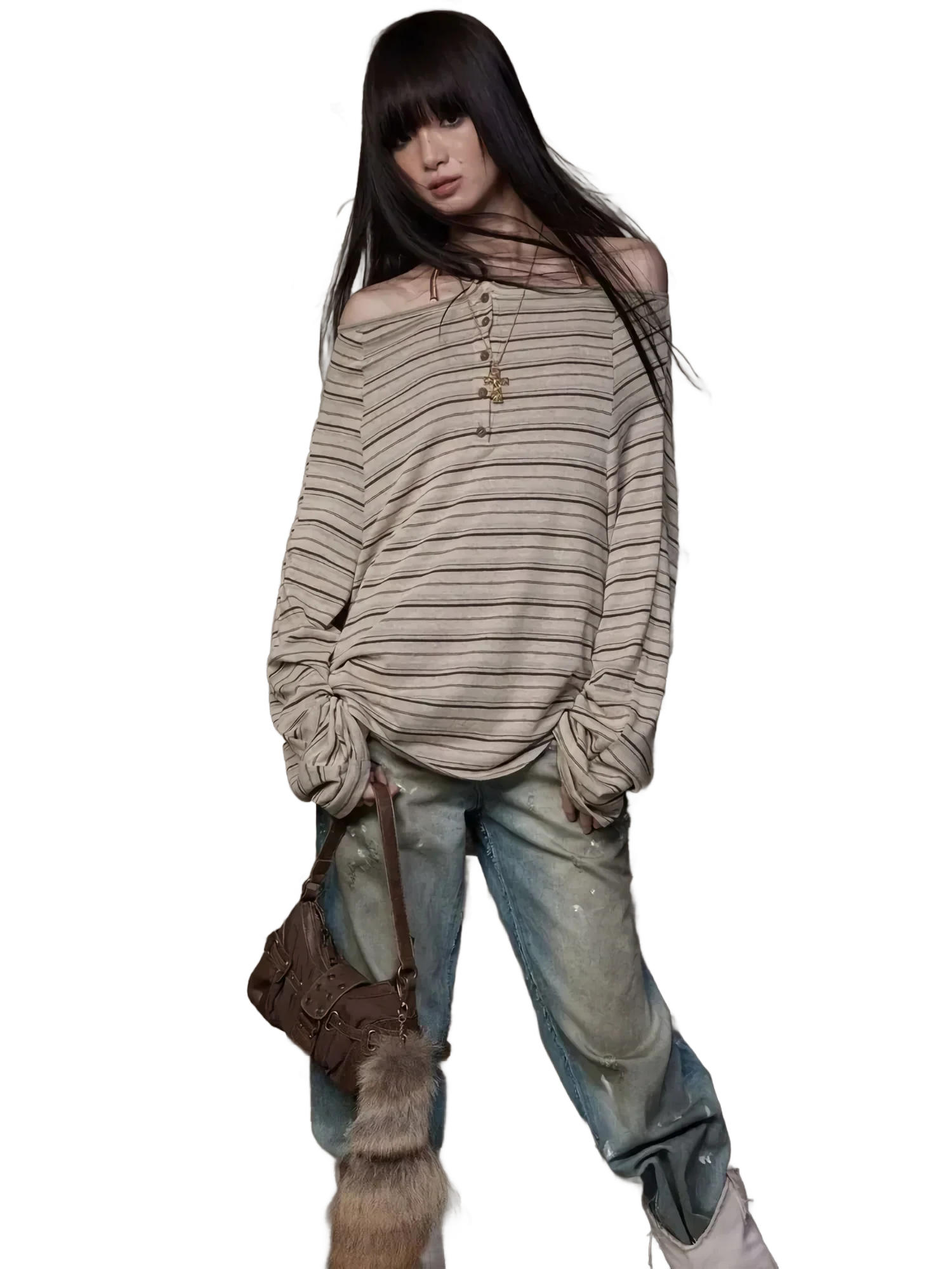 Off-Shoulder Striped Long Sleeve Tee - Image 3