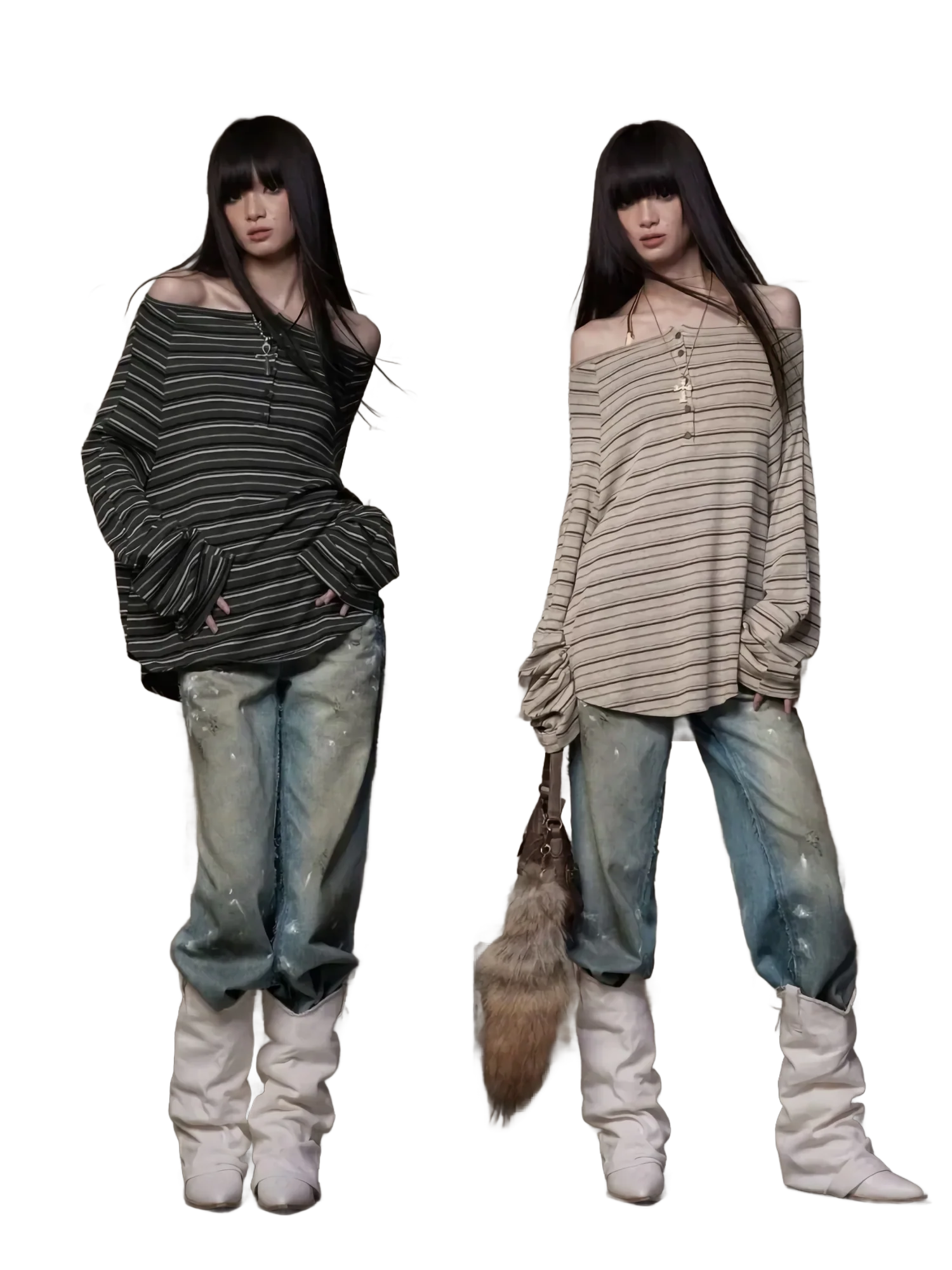 Off-Shoulder Striped Long Sleeve Tee - Image 4