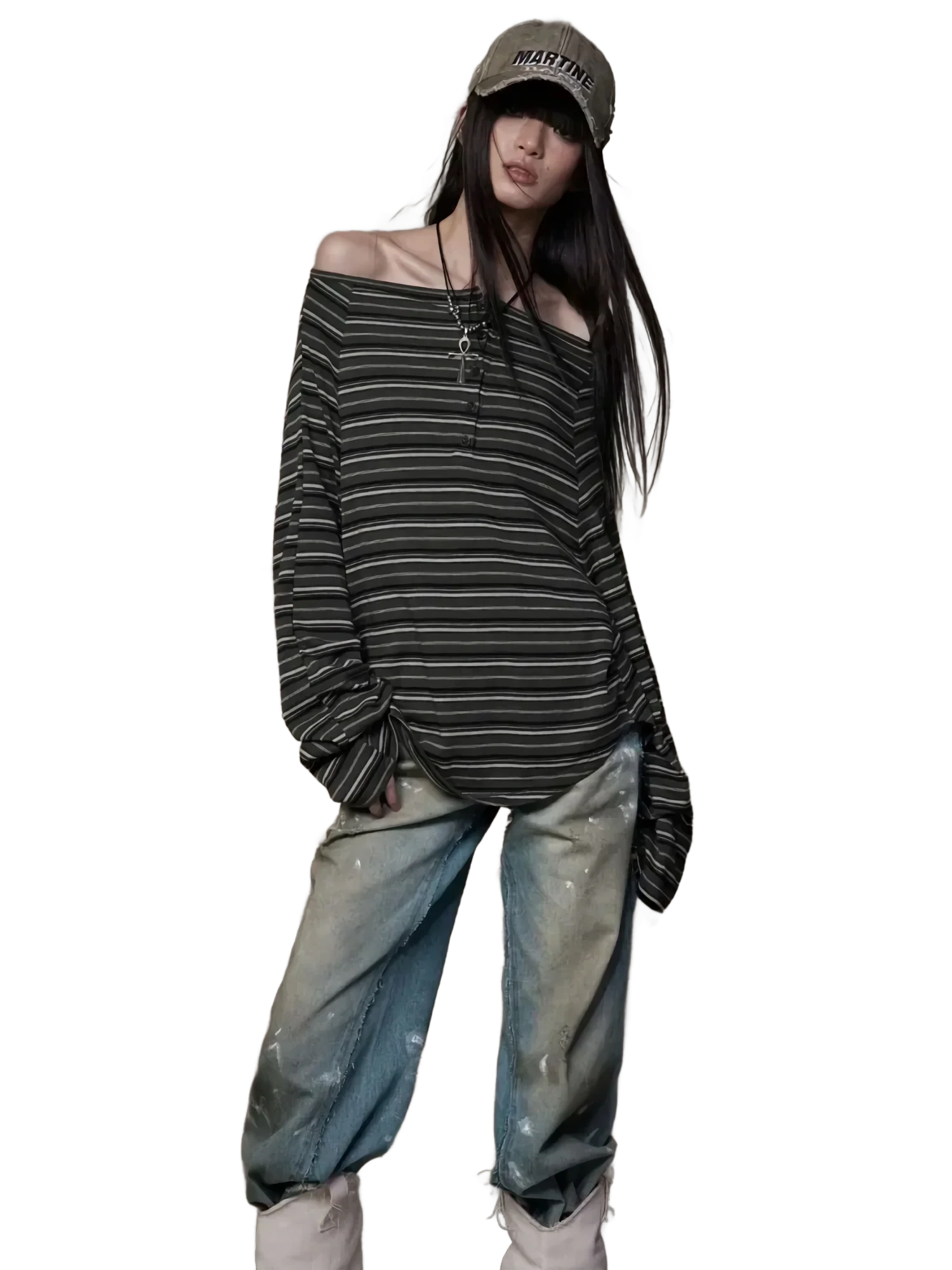 Off-Shoulder Striped Long Sleeve Tee - Image 5