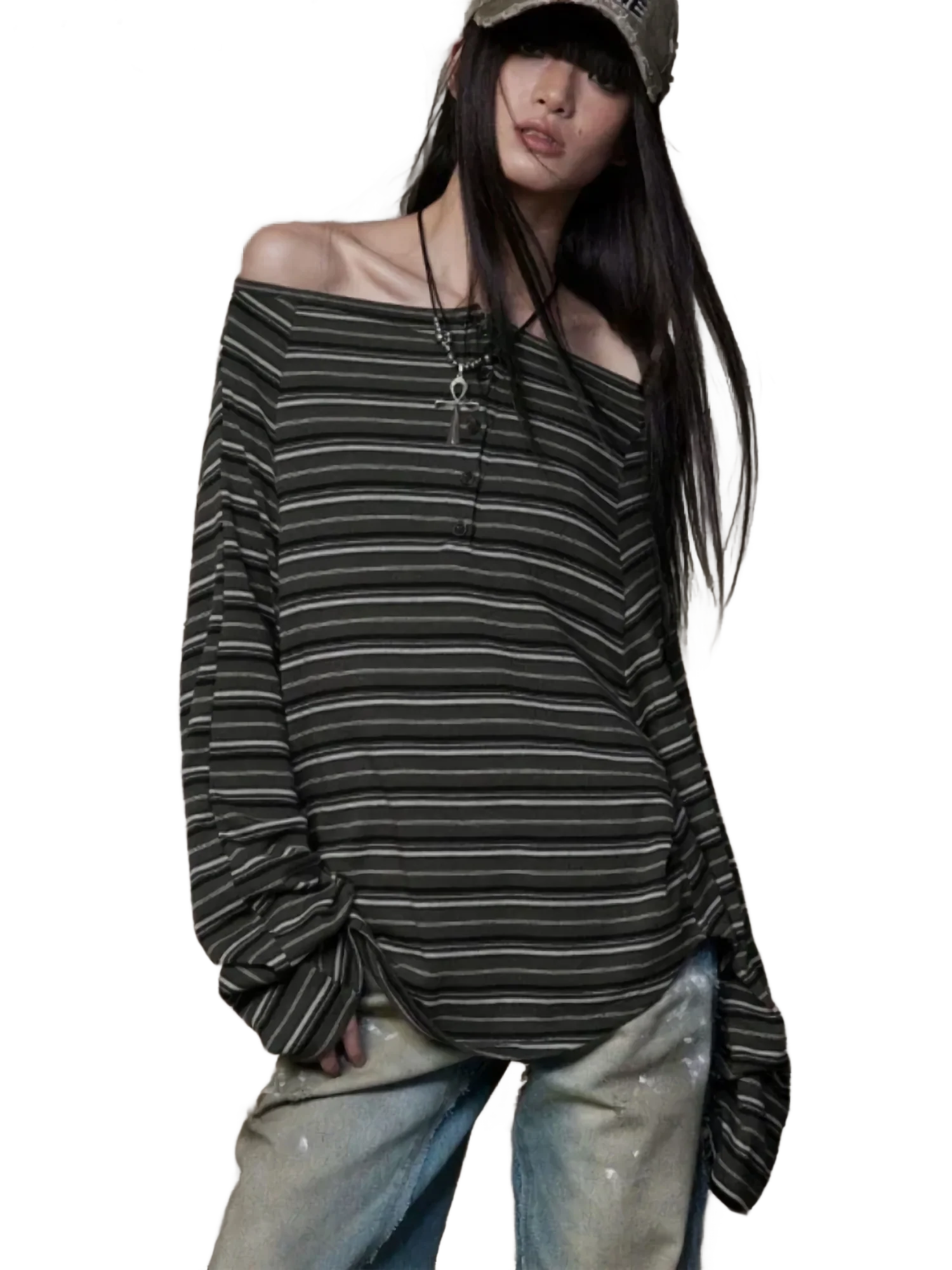 Off-Shoulder Striped Long Sleeve Tee - Image 6