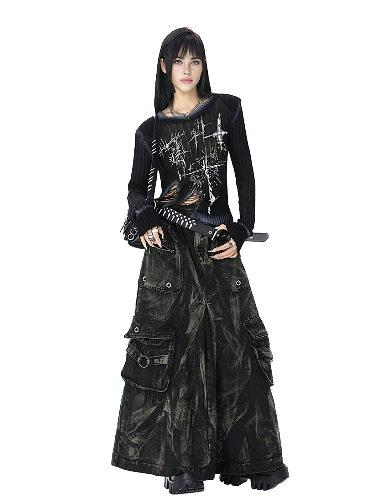 'Outcast' Rugged Black Denim Cargo Maxi Skirt