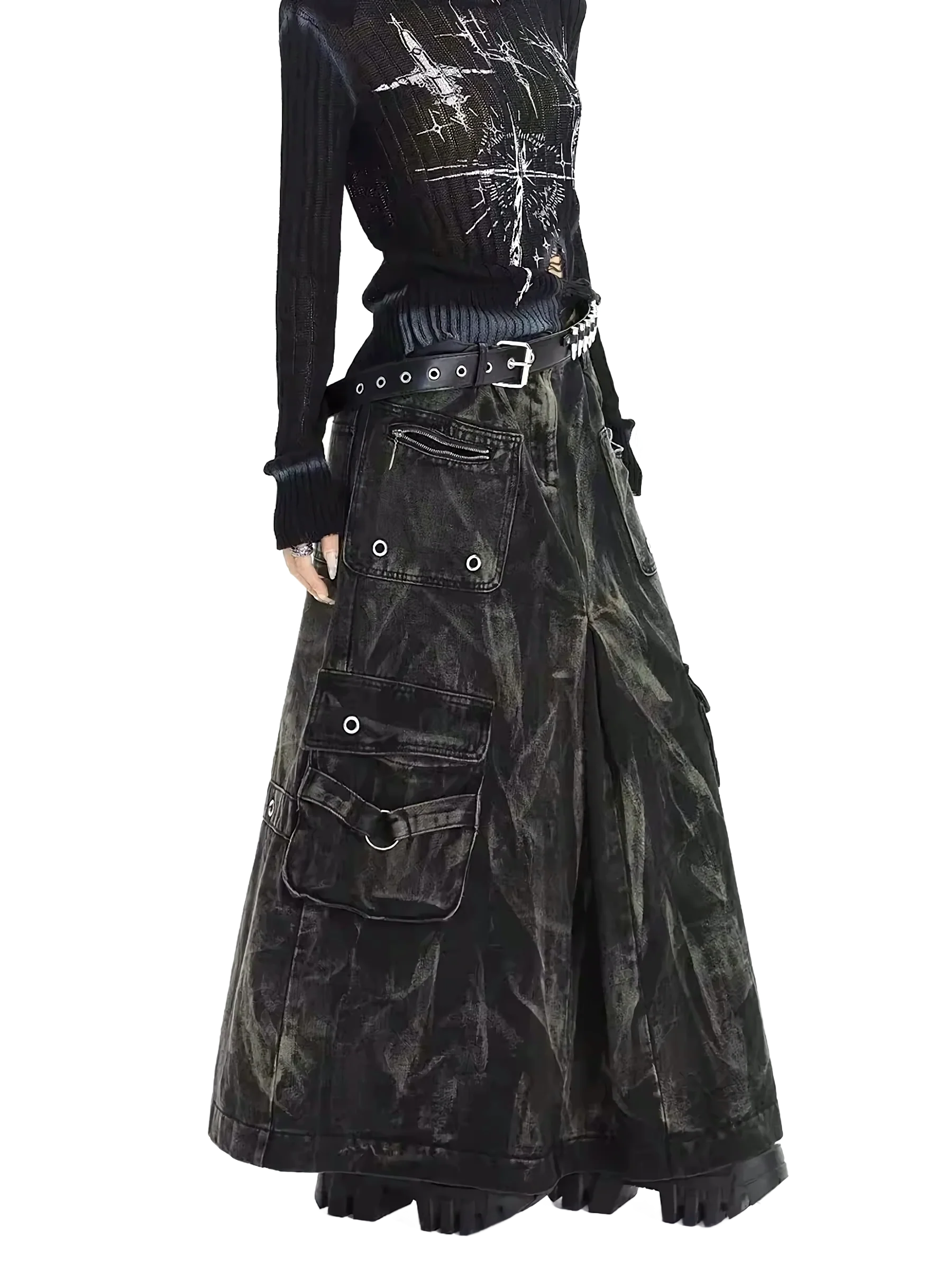 'Outcast' Rugged Black Denim Cargo Maxi Skirt - Image 2