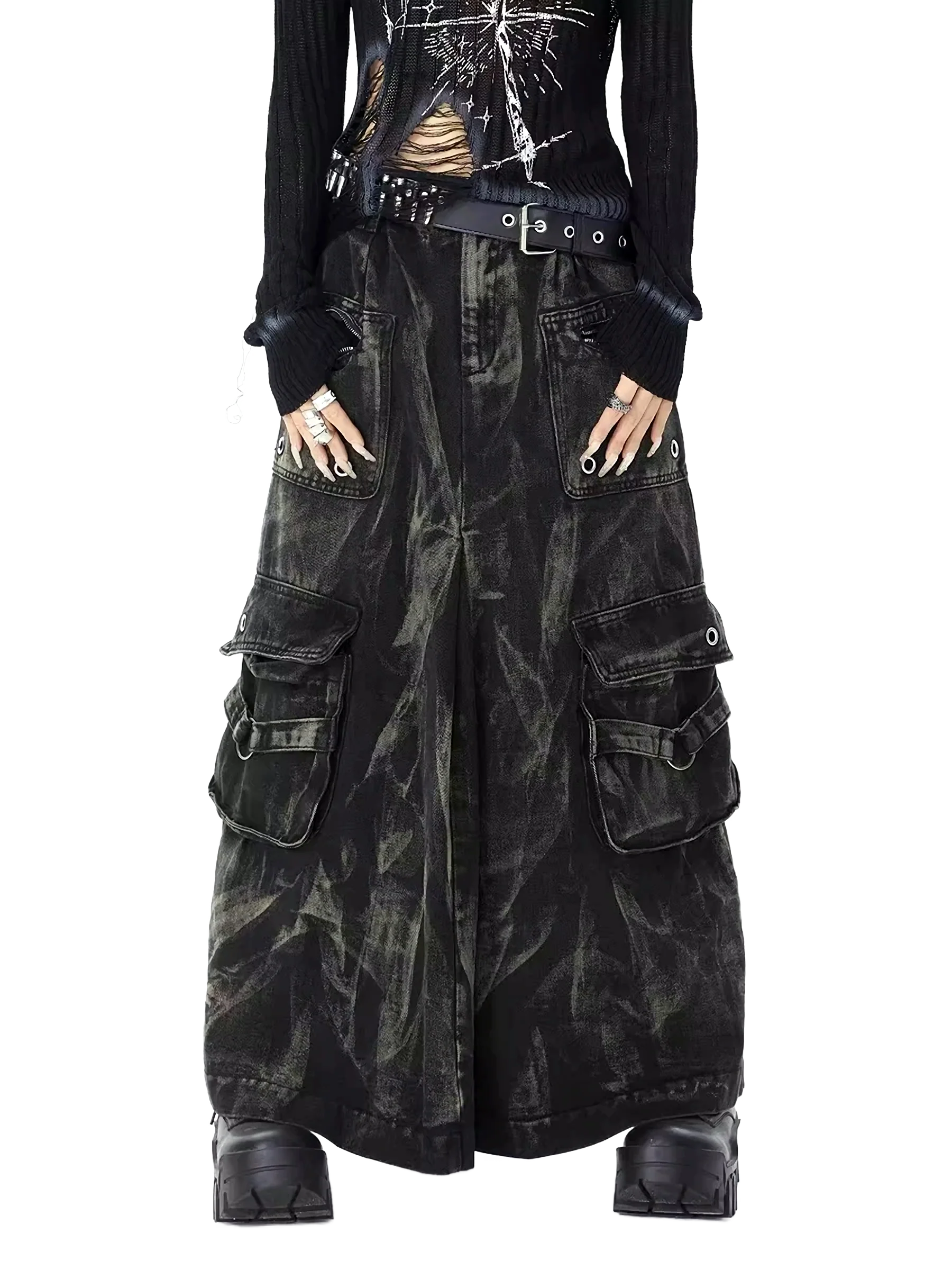 'Outcast' Rugged Black Denim Cargo Maxi Skirt - Image 3