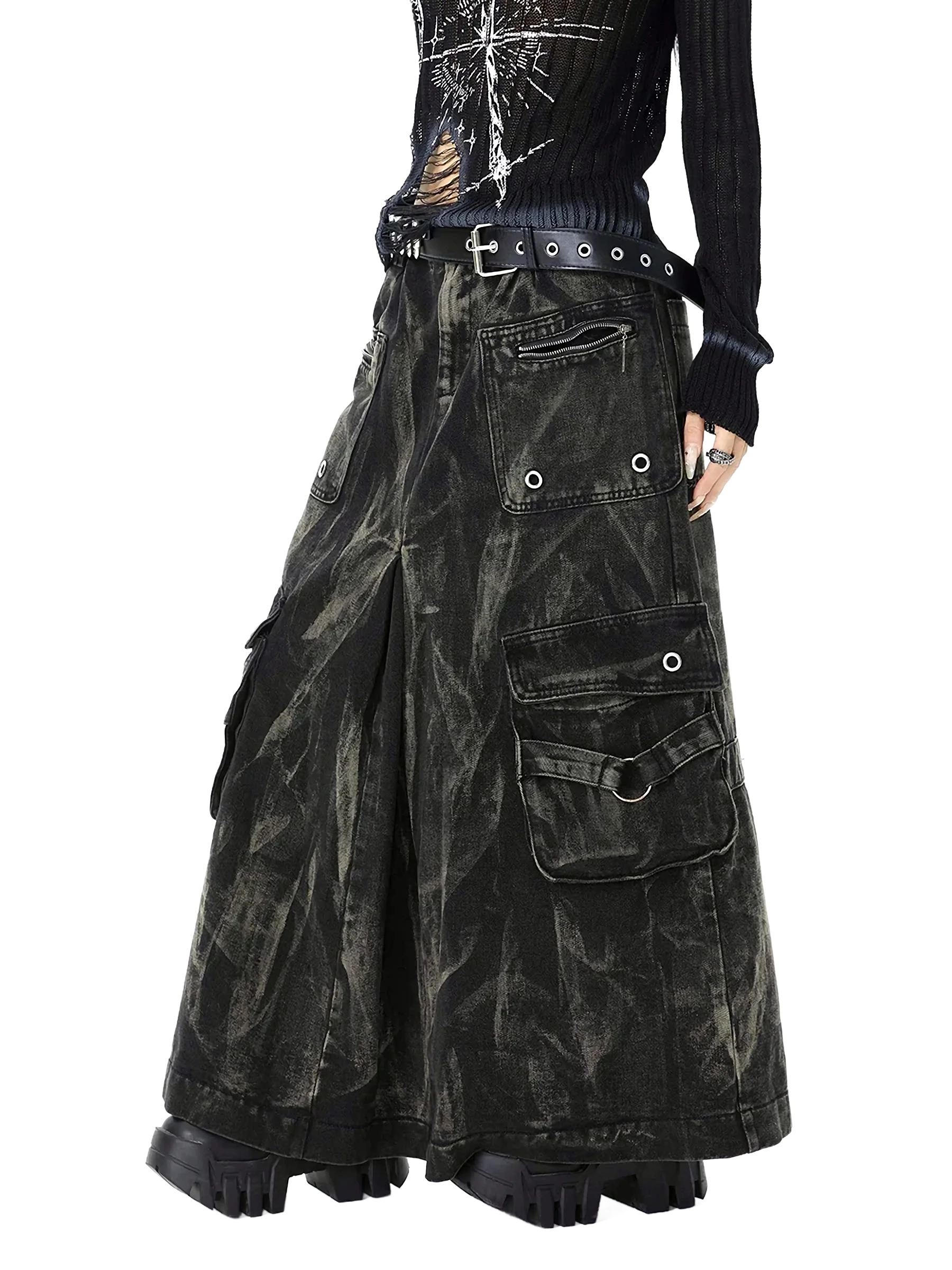 'Outcast' Rugged Black Denim Cargo Maxi Skirt - Image 4