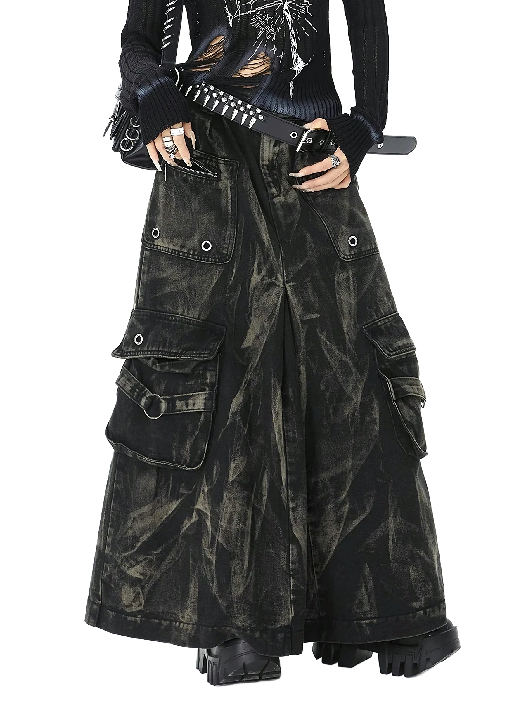 'Outcast' Rugged Black Denim Cargo Maxi Skirt - Image 5