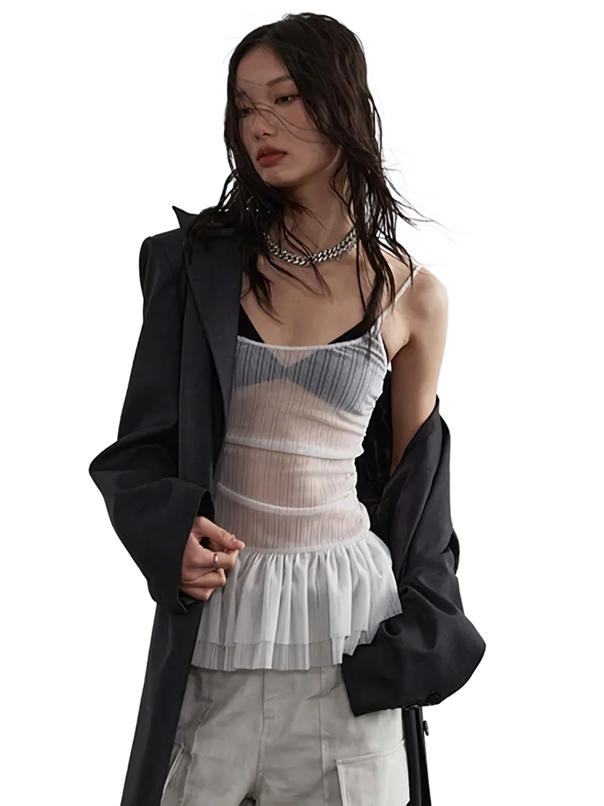 Pearl Mesh Camisole Top with Ruffled Flounce