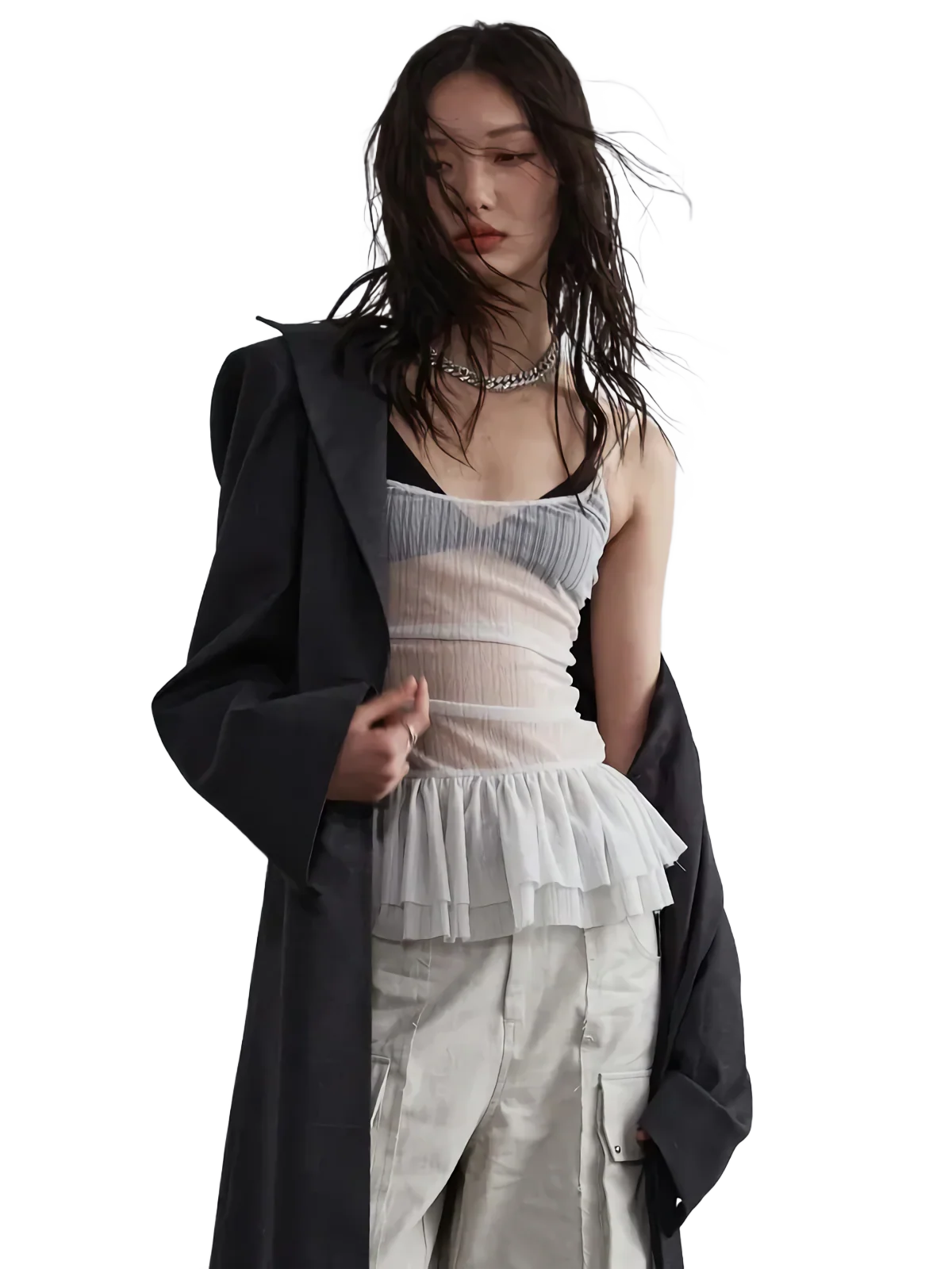 Pearl Mesh Camisole Top with Ruffled Flounce - Image 3