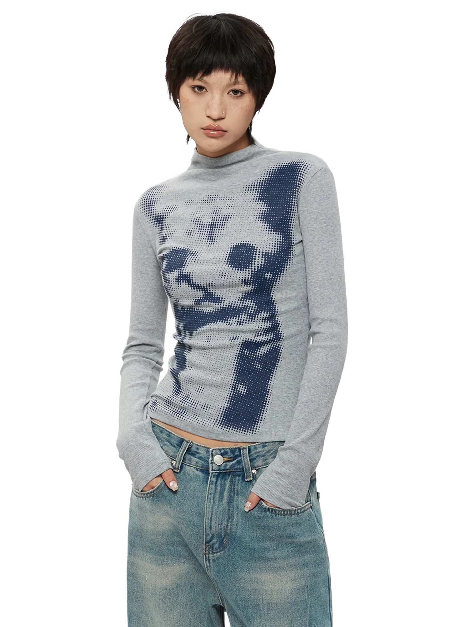 Pixel Kitty High-Neck Long Sleeve Tee