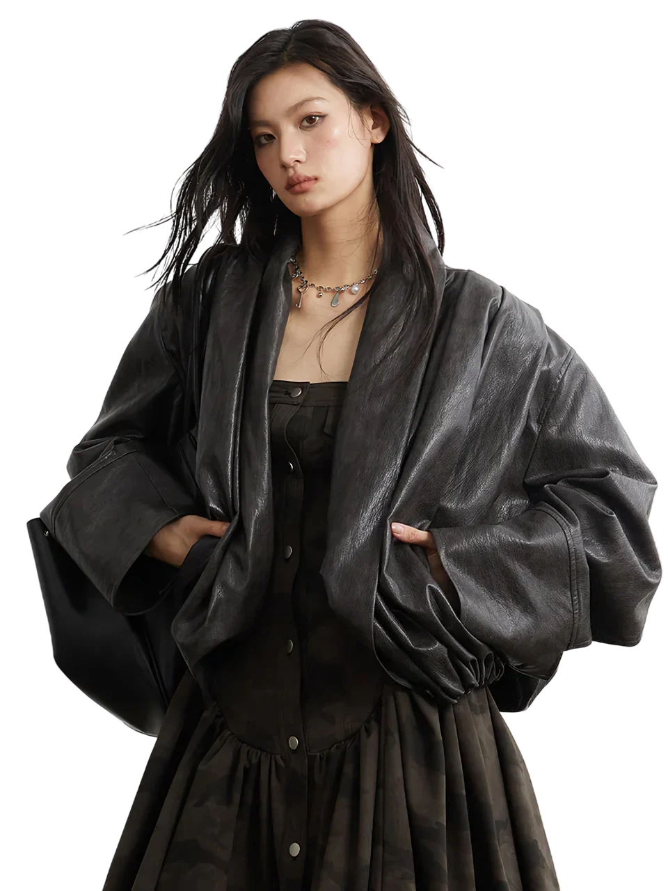 Pleated Shawl-Collar Vegan Leather Jacket