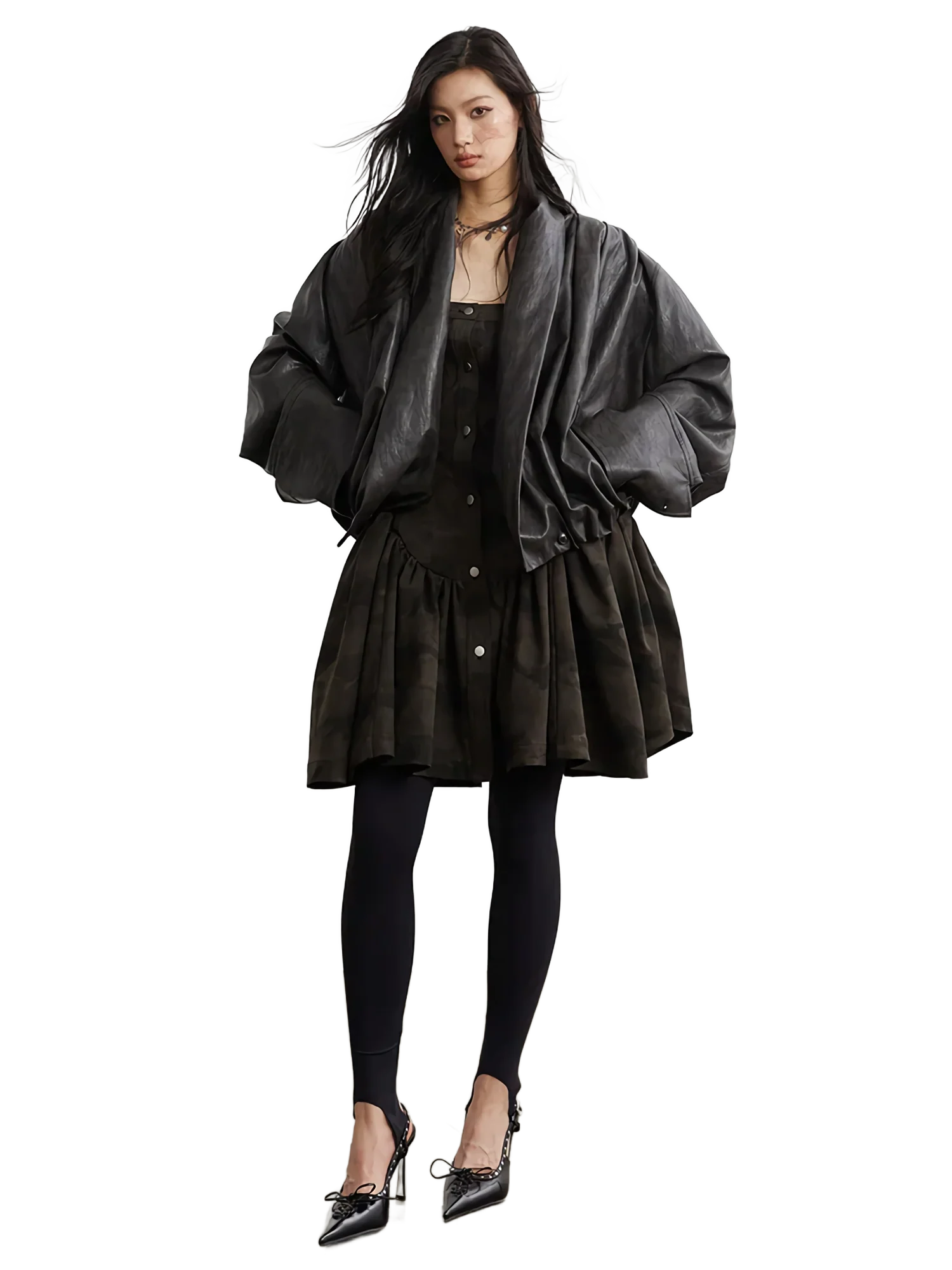 Pleated Shawl-Collar Vegan Leather Jacket - Image 2