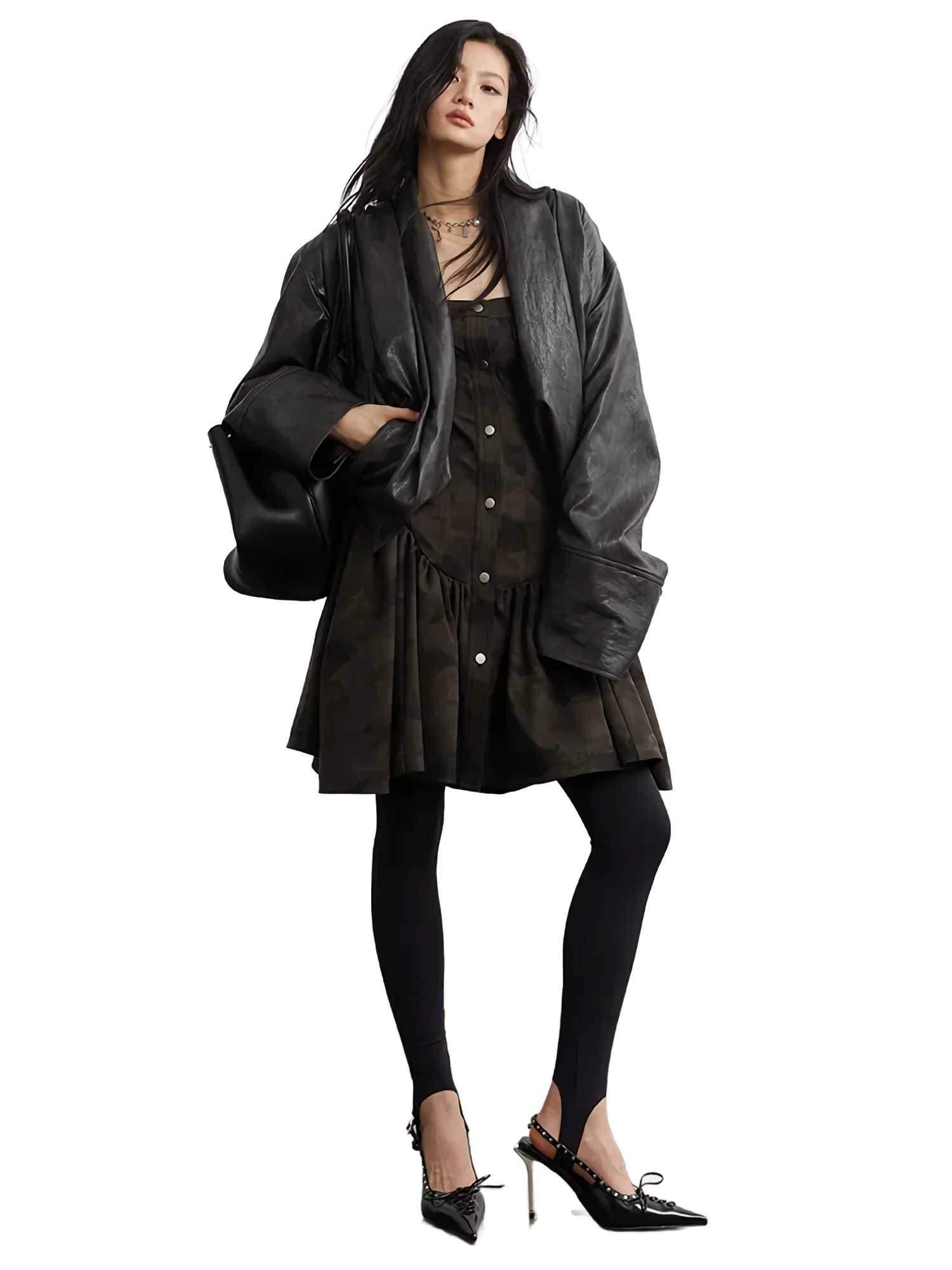 Pleated Shawl-Collar Vegan Leather Jacket - Image 3