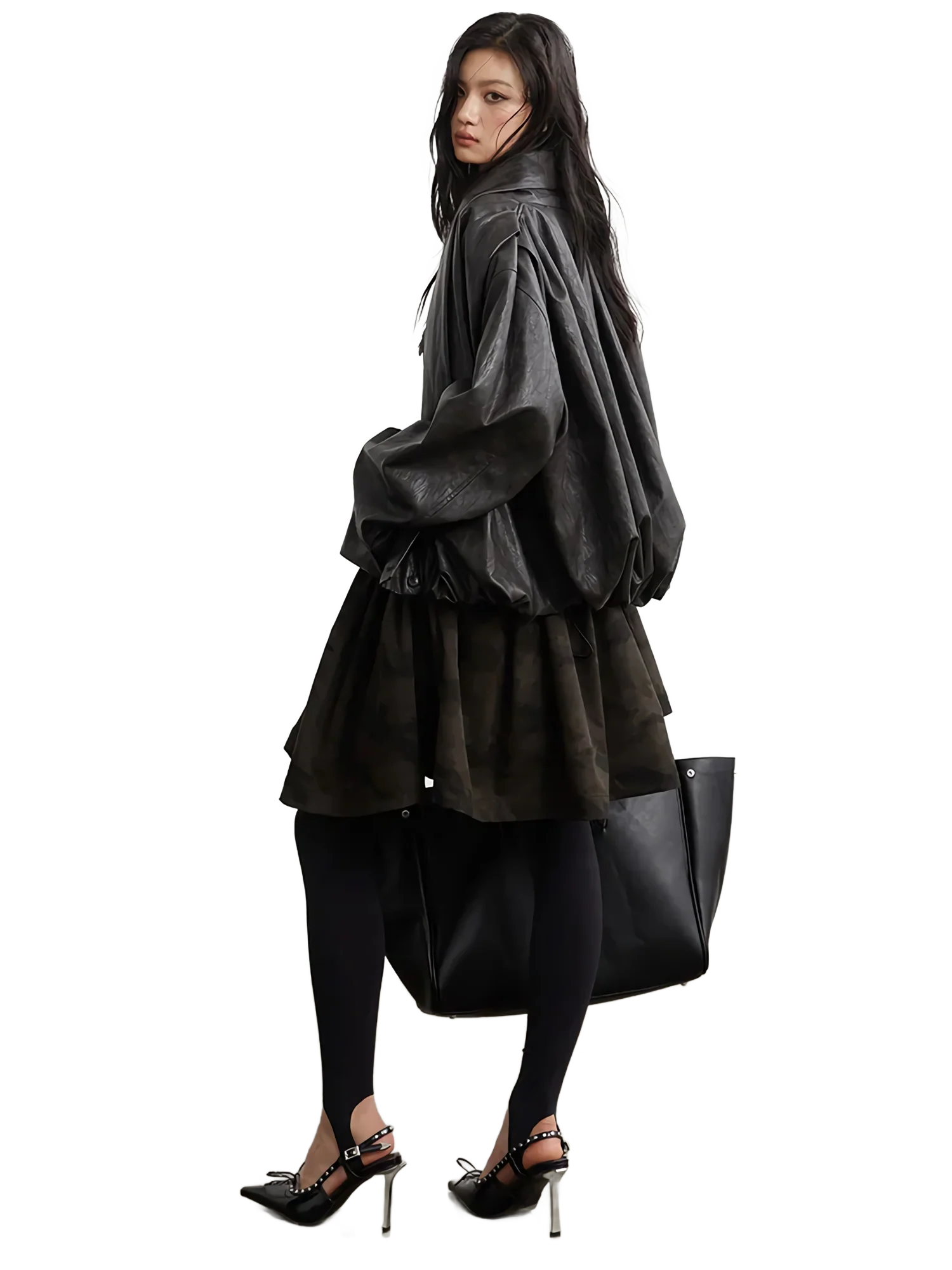 Pleated Shawl-Collar Vegan Leather Jacket - Image 4