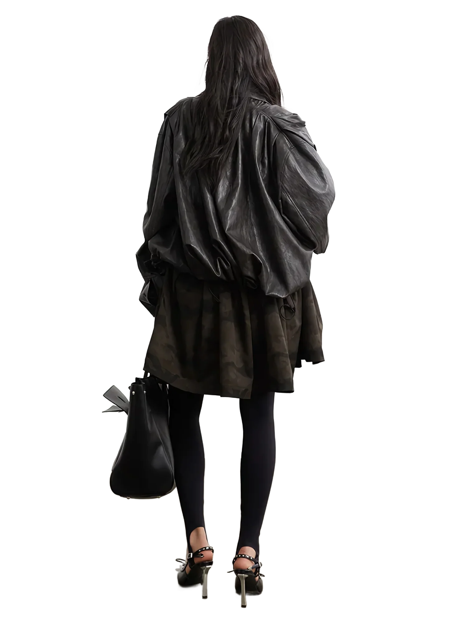 Pleated Shawl-Collar Vegan Leather Jacket - Image 5