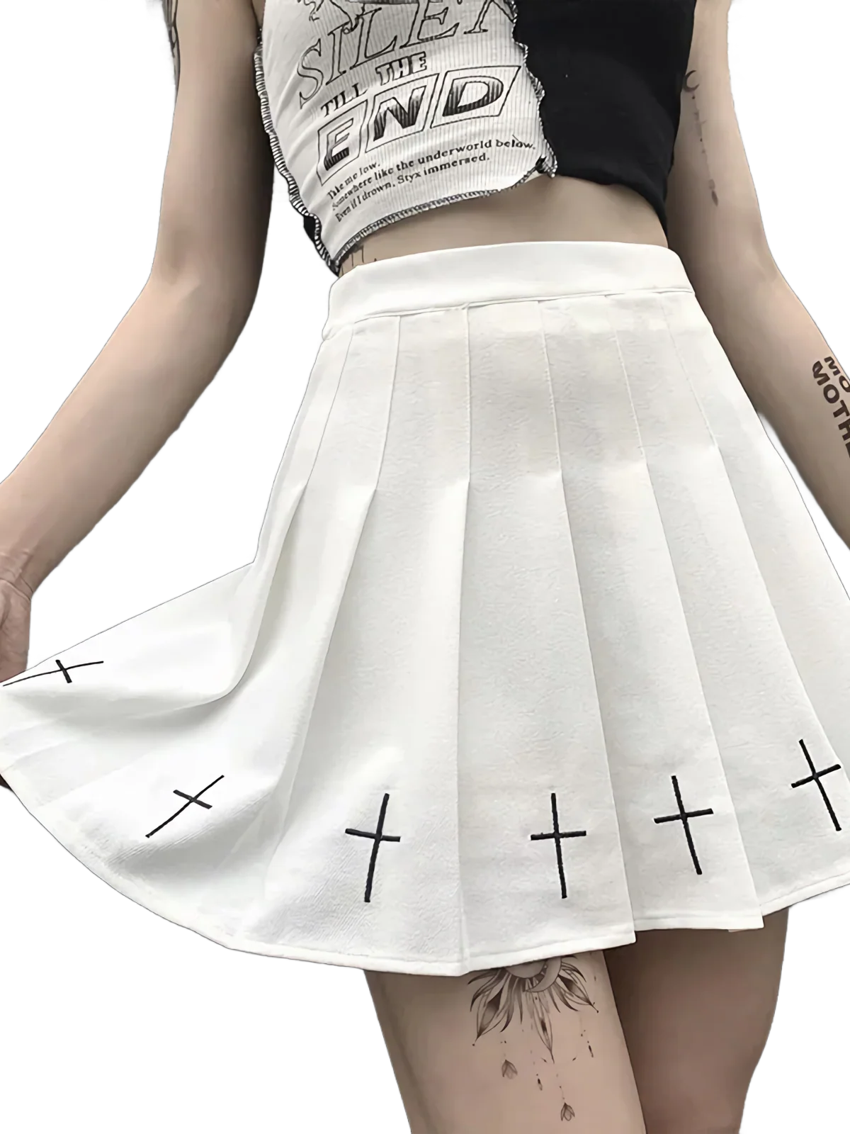 Pleated Skirt with Embroidered Cross Pattern - Image 3