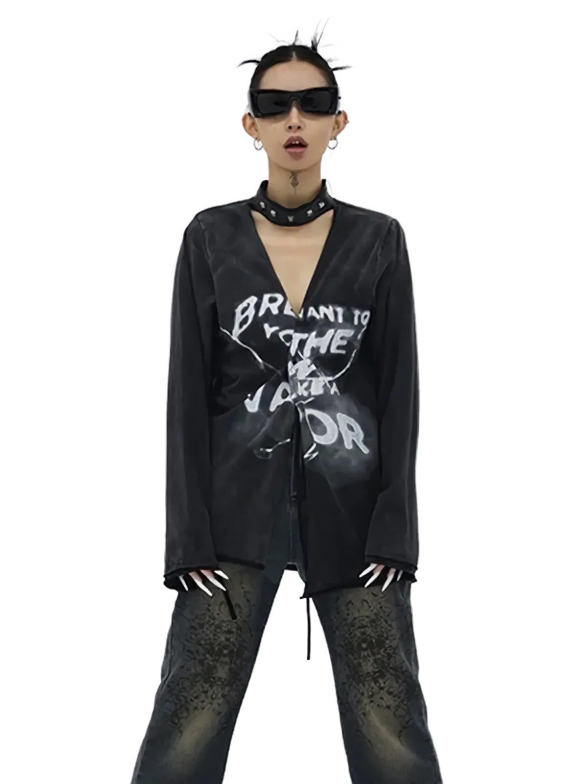 Plunging Long Sleeve Tee with Choker Detail