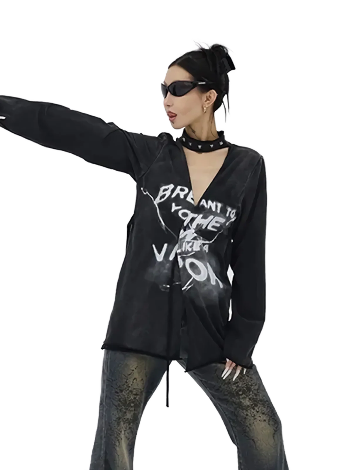 Plunging Long Sleeve Tee with Choker Detail - Image 2