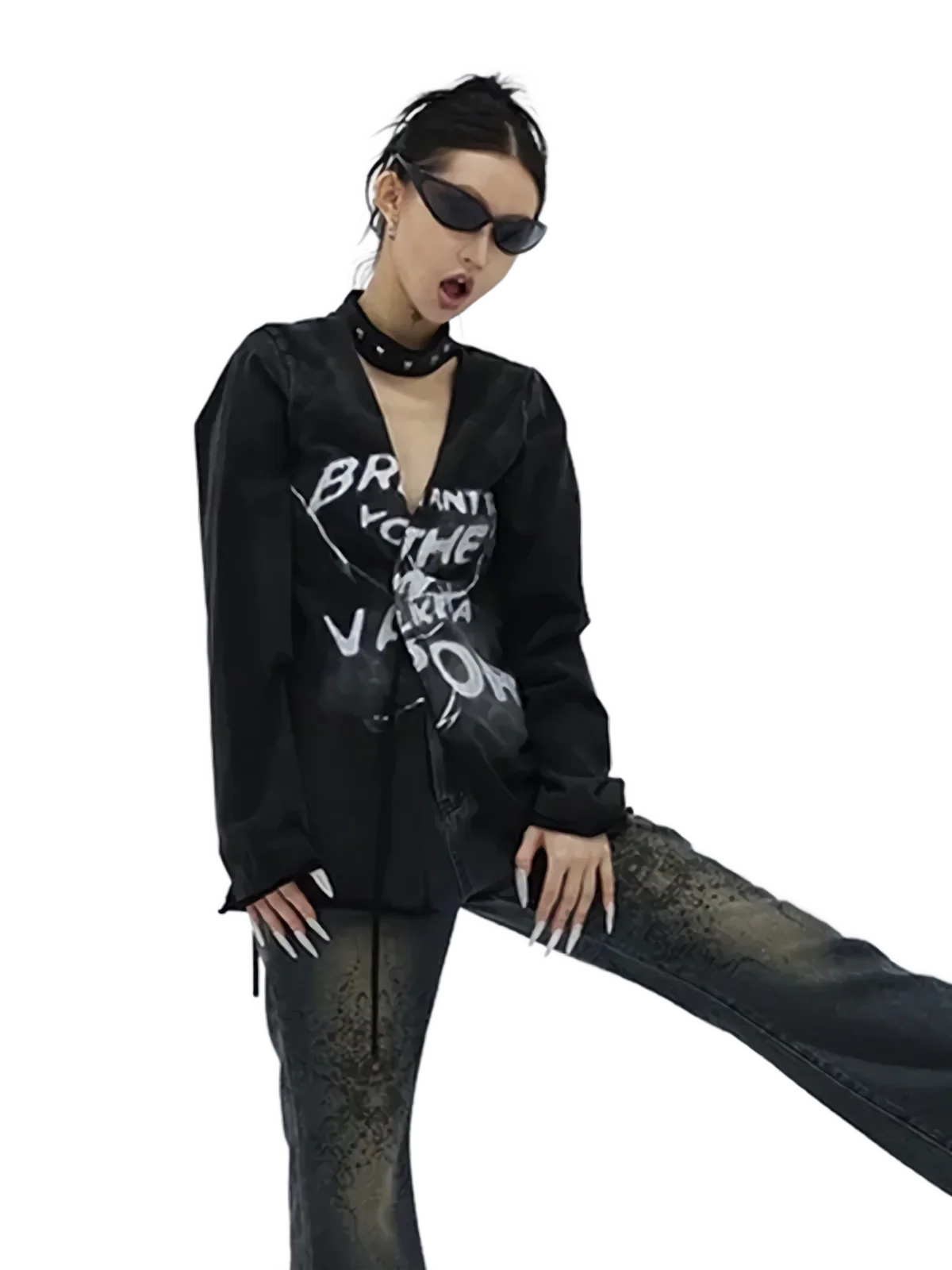 Plunging Long Sleeve Tee with Choker Detail - Image 3