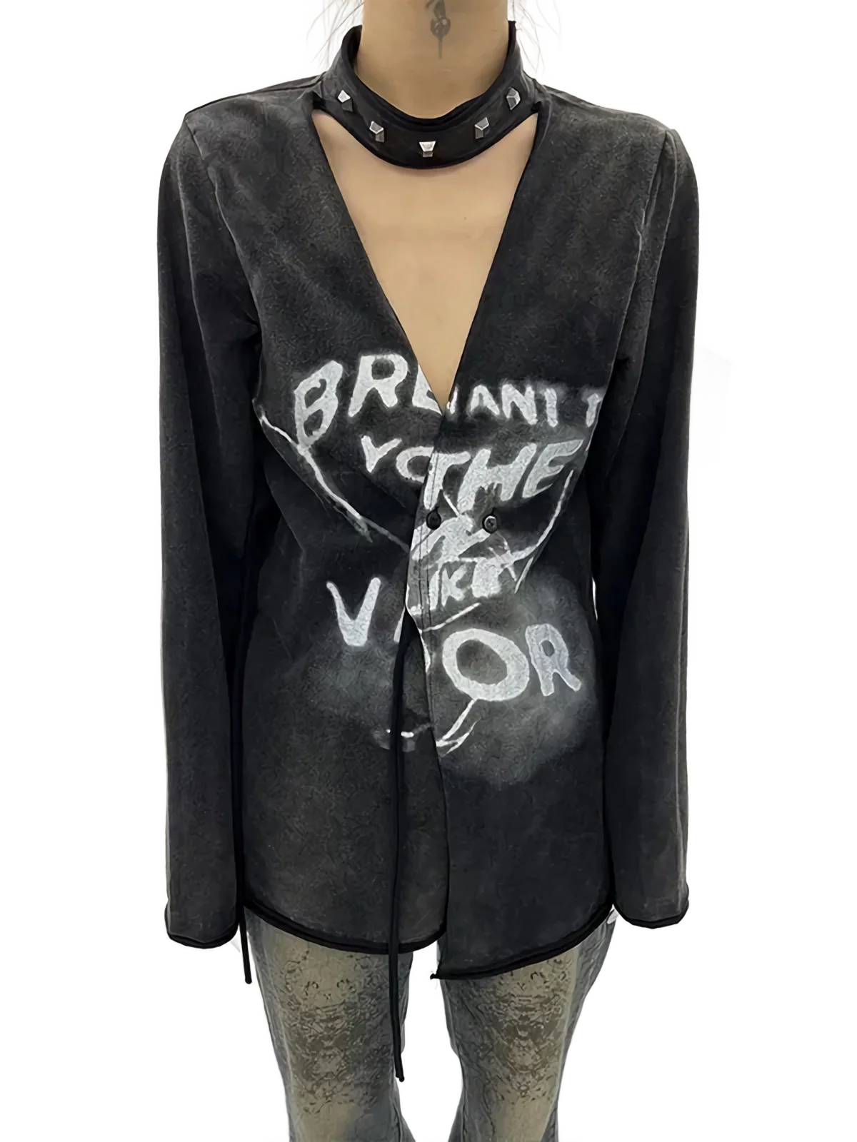 Plunging Long Sleeve Tee with Choker Detail - Image 4