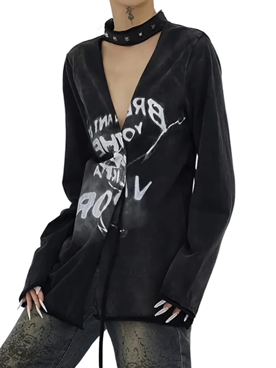 Plunging Long Sleeve Tee with Choker Detail - Image 5