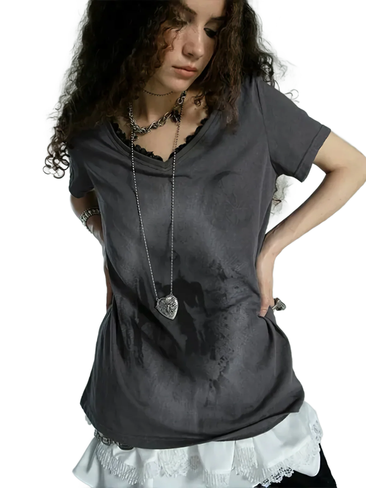 'Portal' Distressed Cotton Tee with Lace Patchwork