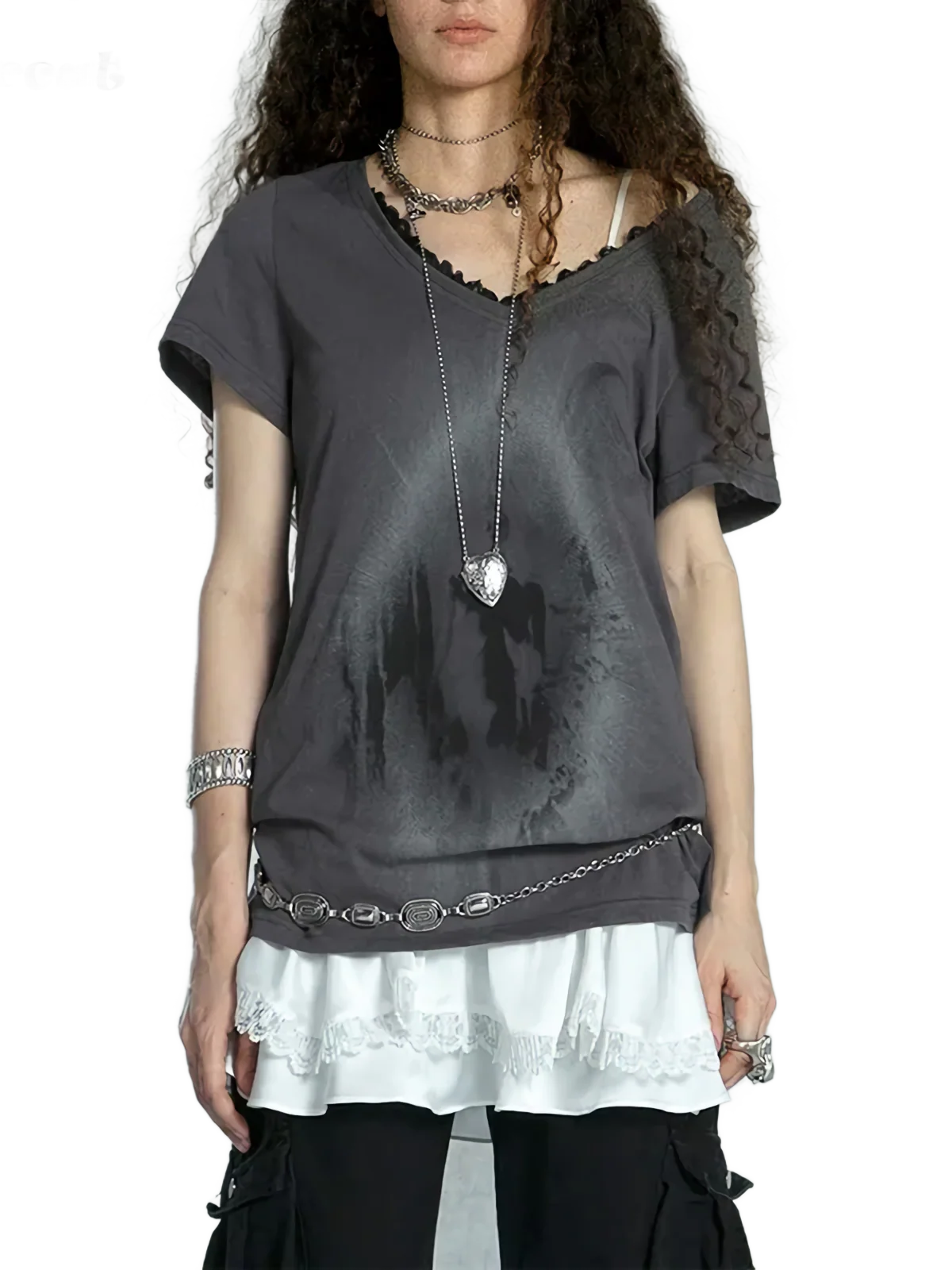 'Portal' Distressed Cotton Tee with Lace Patchwork - Image 2