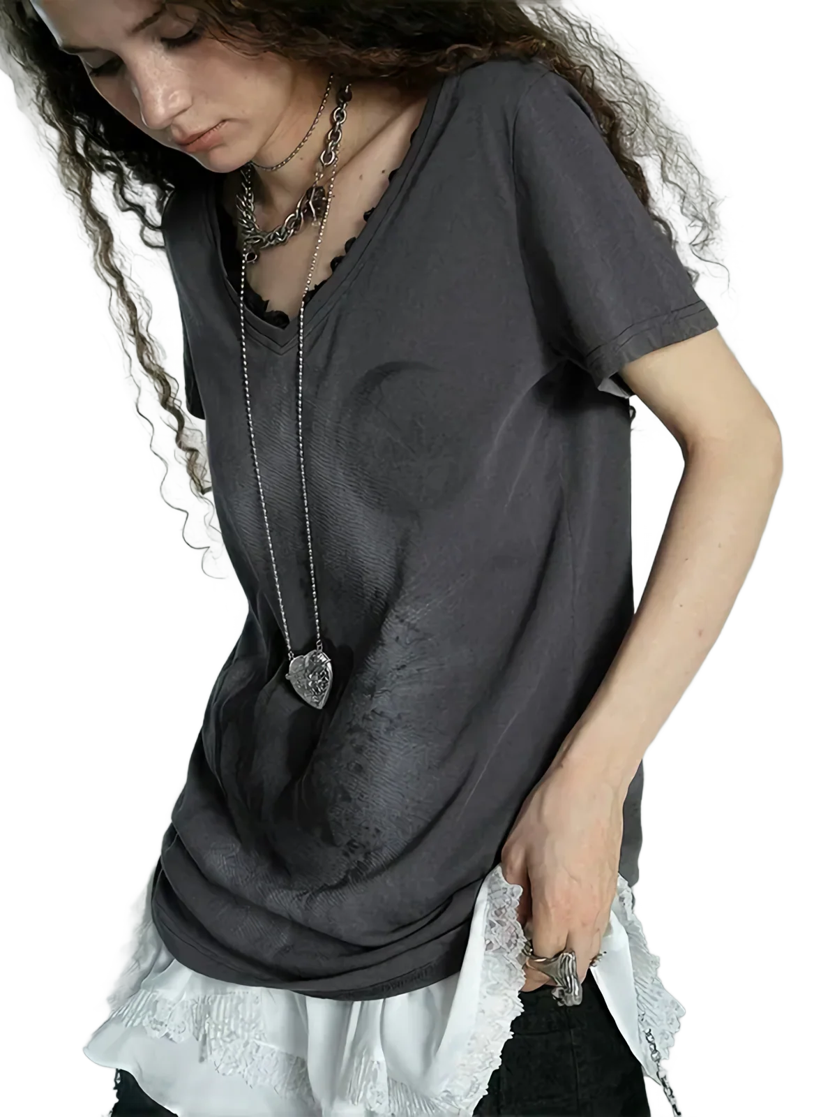 'Portal' Distressed Cotton Tee with Lace Patchwork - Image 3