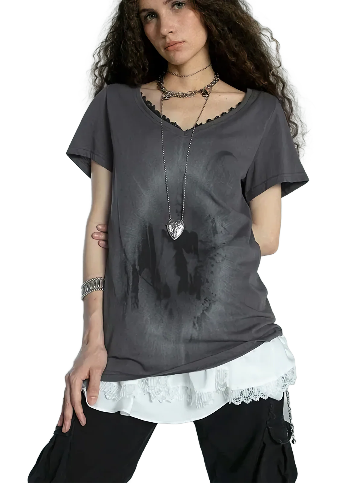 'Portal' Distressed Cotton Tee with Lace Patchwork - Image 4
