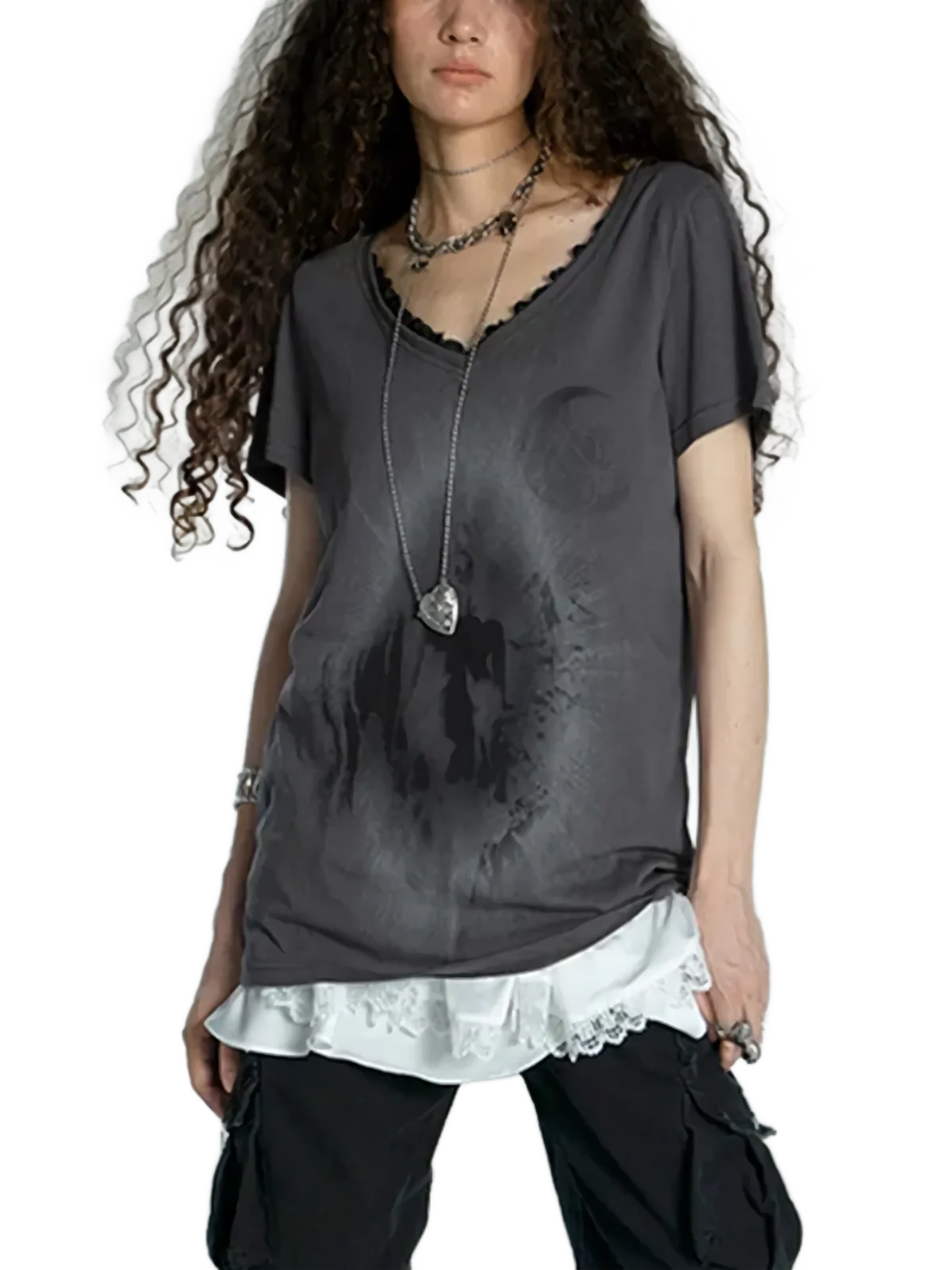 'Portal' Distressed Cotton Tee with Lace Patchwork - Image 5