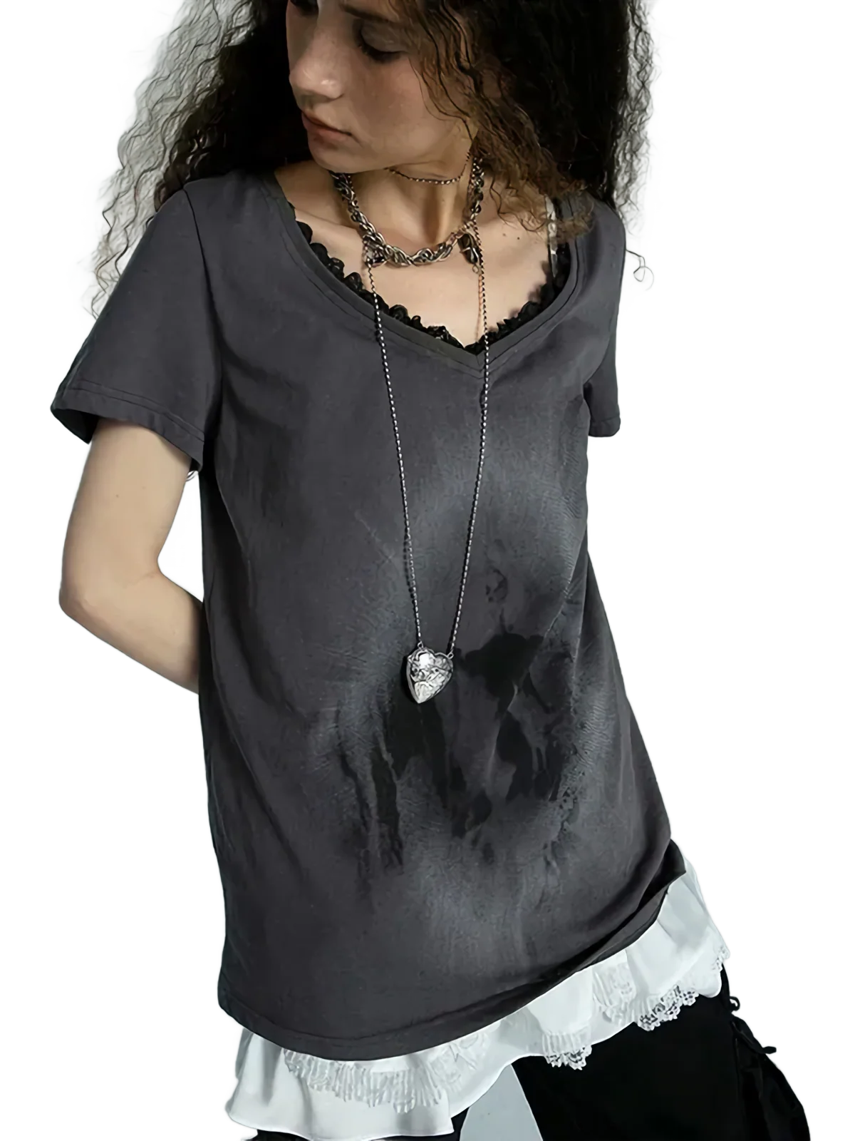 'Portal' Distressed Cotton Tee with Lace Patchwork - Image 6