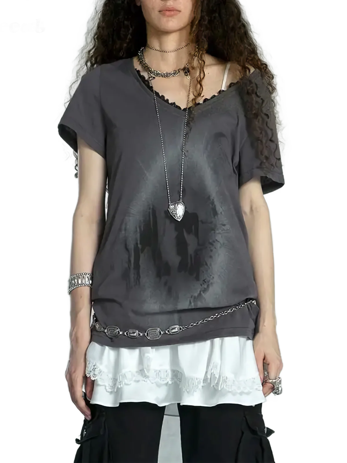 'Portal' Distressed Cotton Tee with Lace Patchwork - Image 7