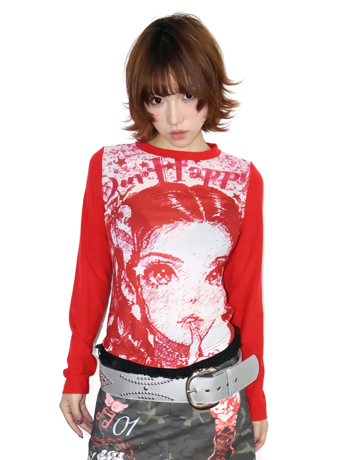Portrait Print Red Raglan Long Sleeve Tee