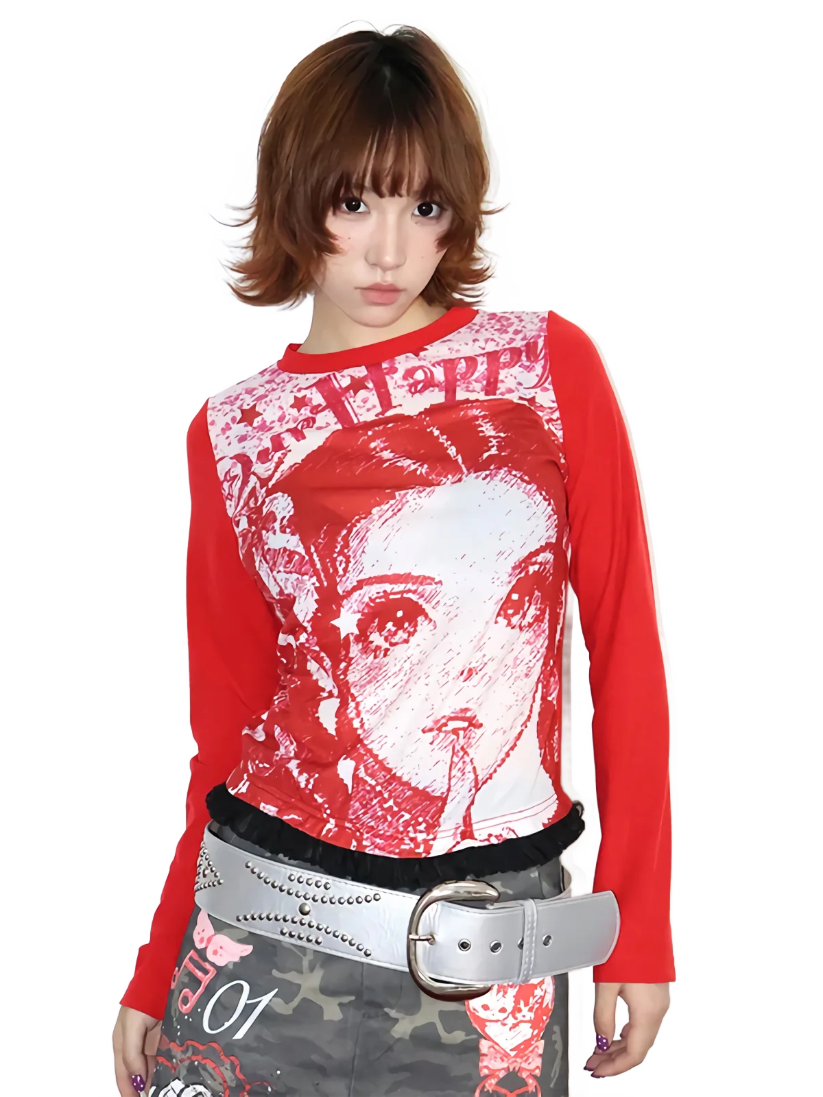 Portrait Print Red Raglan Long Sleeve Tee - Image 4