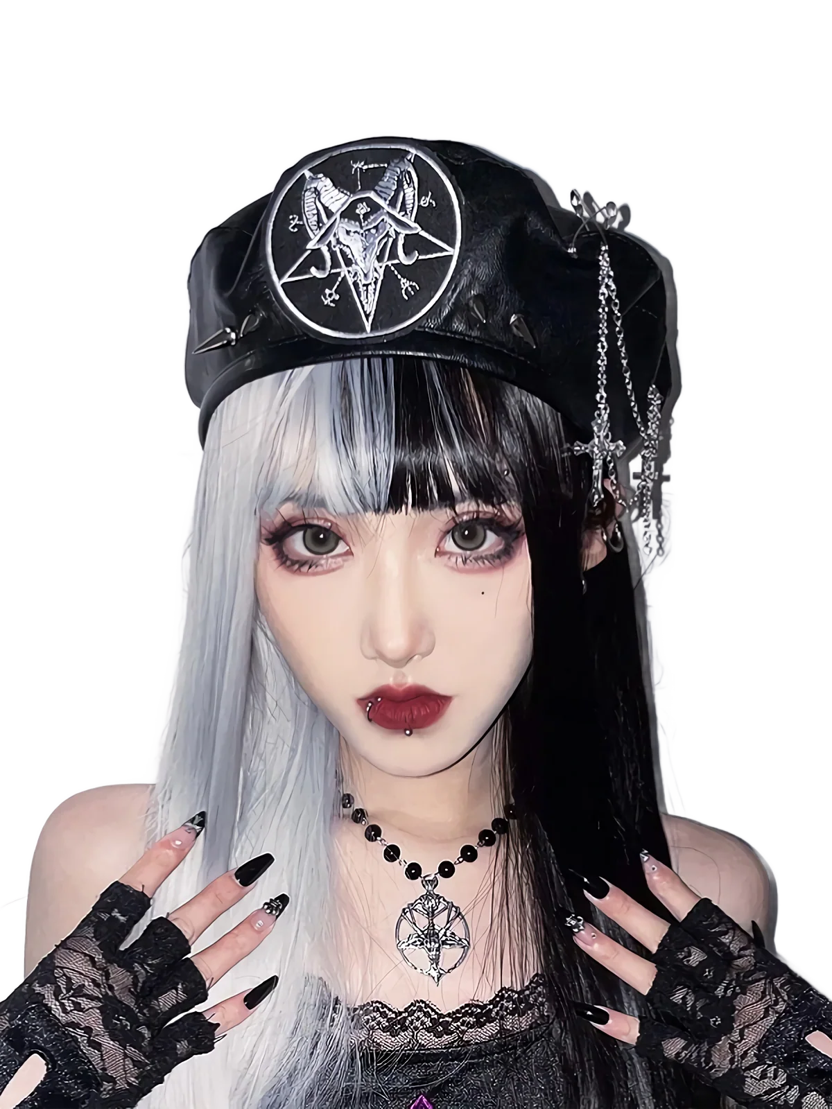 Punk Beret with Metal Chain and Cross Detail - Image 3