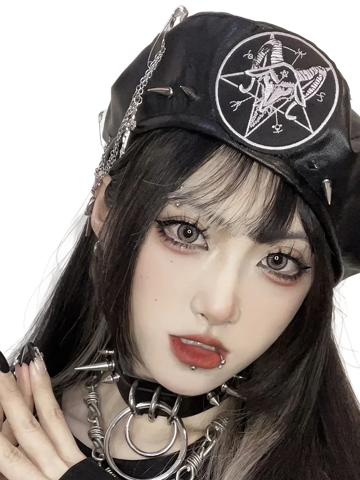 Punk Beret with Metal Chain and Cross Detail - Image 5