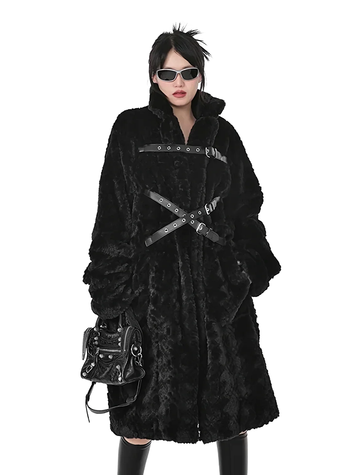 'Raven' Black Fur Coat with Adjustable Strap Closure - Image 2