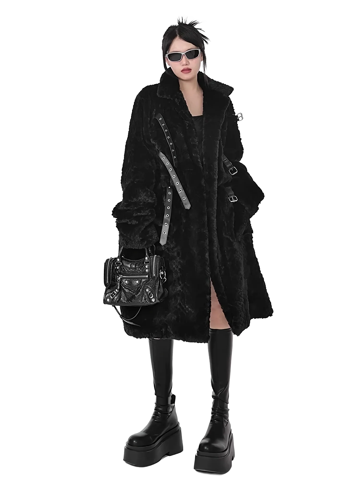 'Raven' Black Fur Coat with Adjustable Strap Closure - Image 3