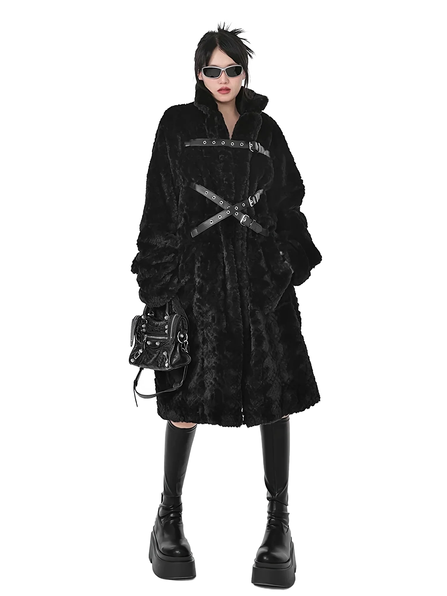 'Raven' Black Fur Coat with Adjustable Strap Closure - Image 4