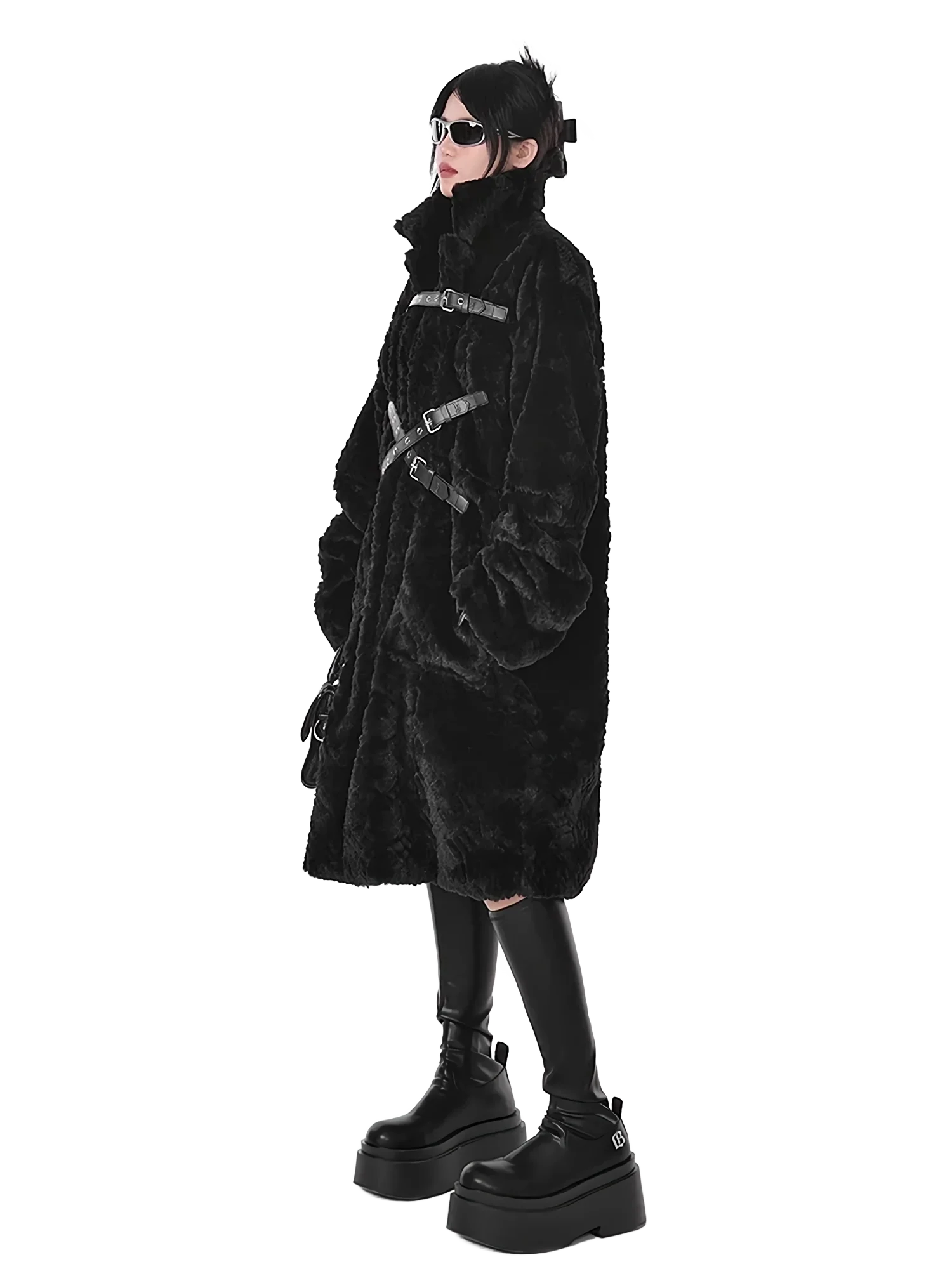 'Raven' Black Fur Coat with Adjustable Strap Closure - Image 5