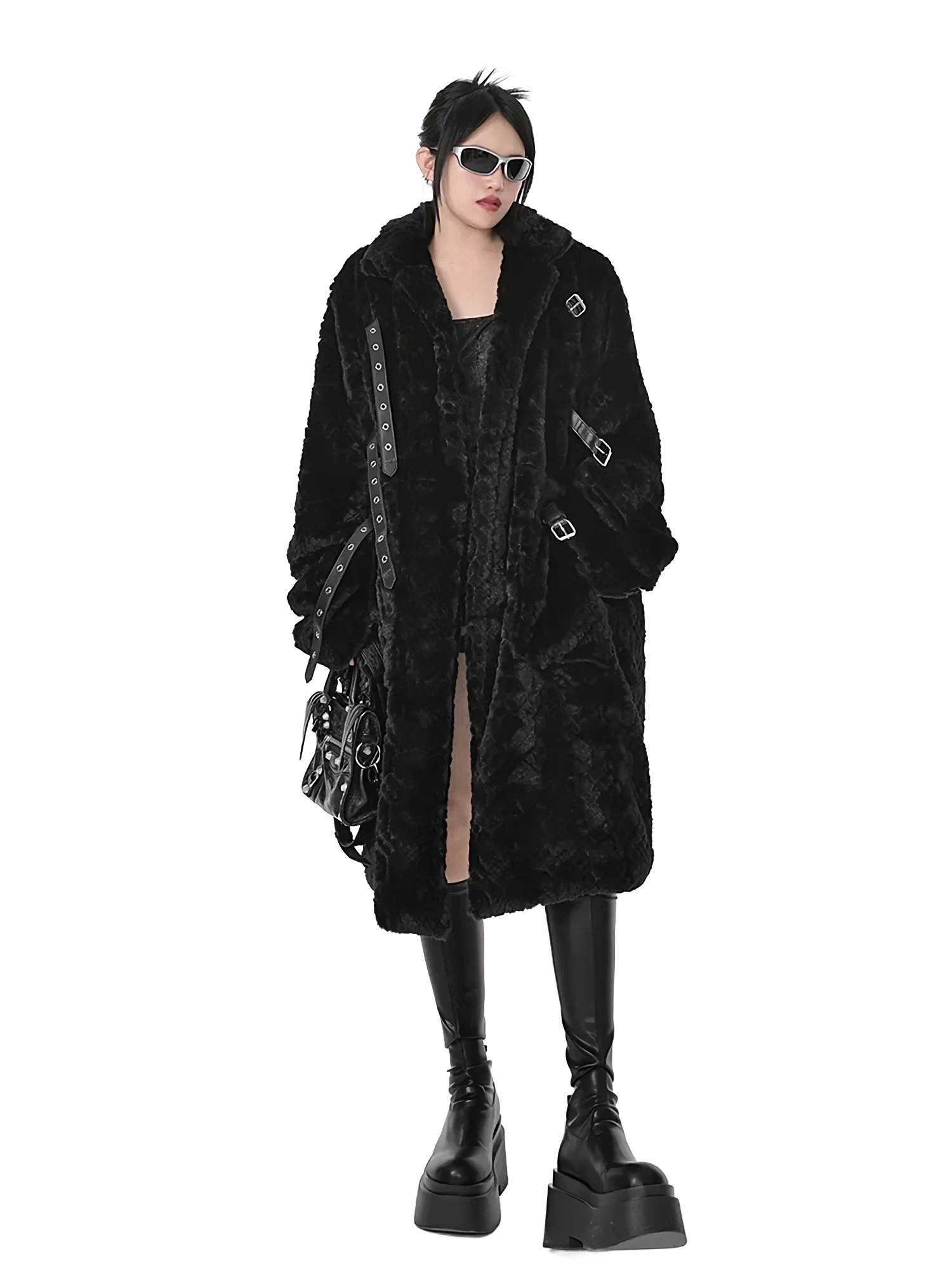 'Raven' Black Fur Coat with Adjustable Strap Closure - Image 6