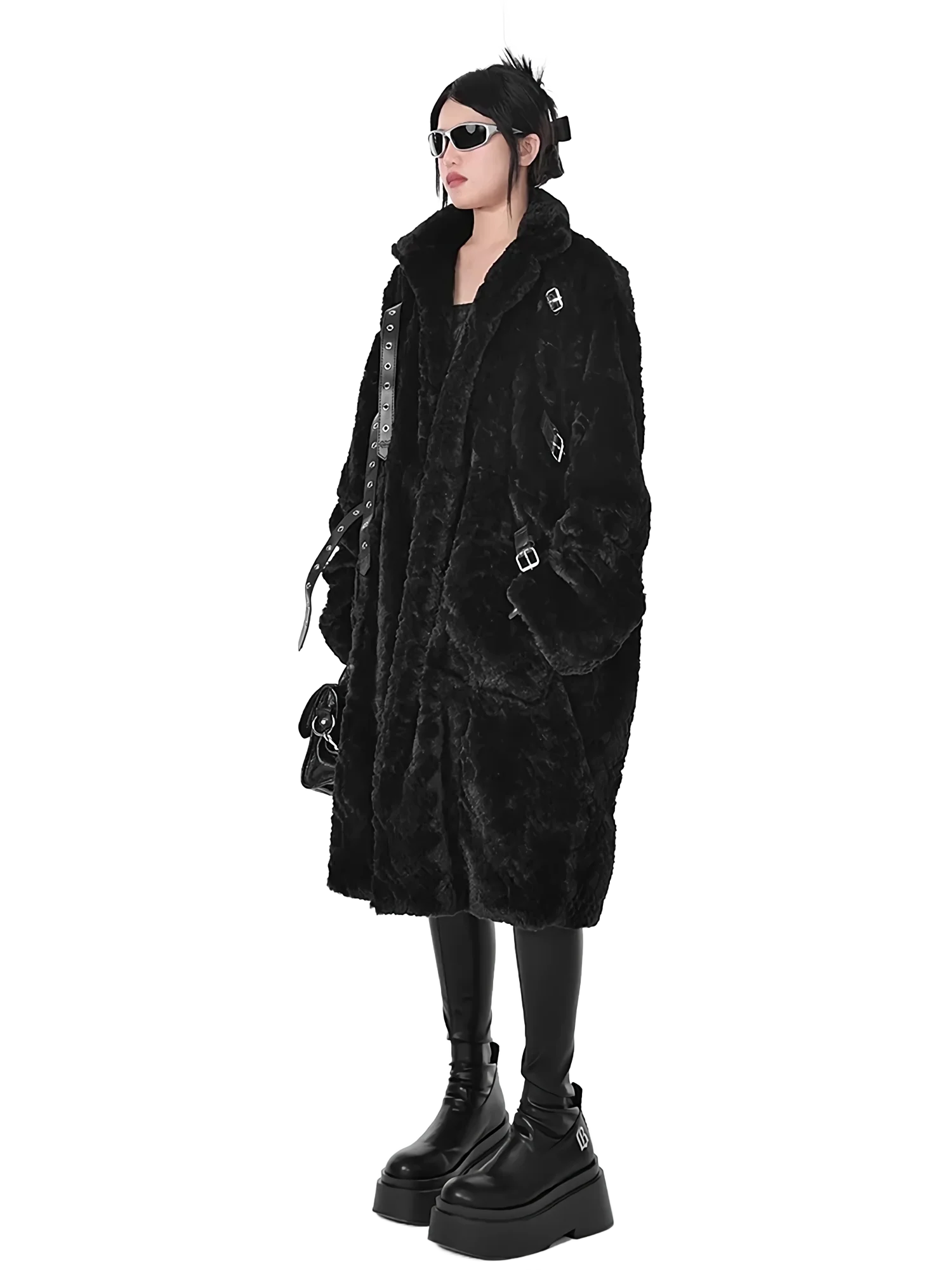 'Raven' Black Fur Coat with Adjustable Strap Closure - Image 7