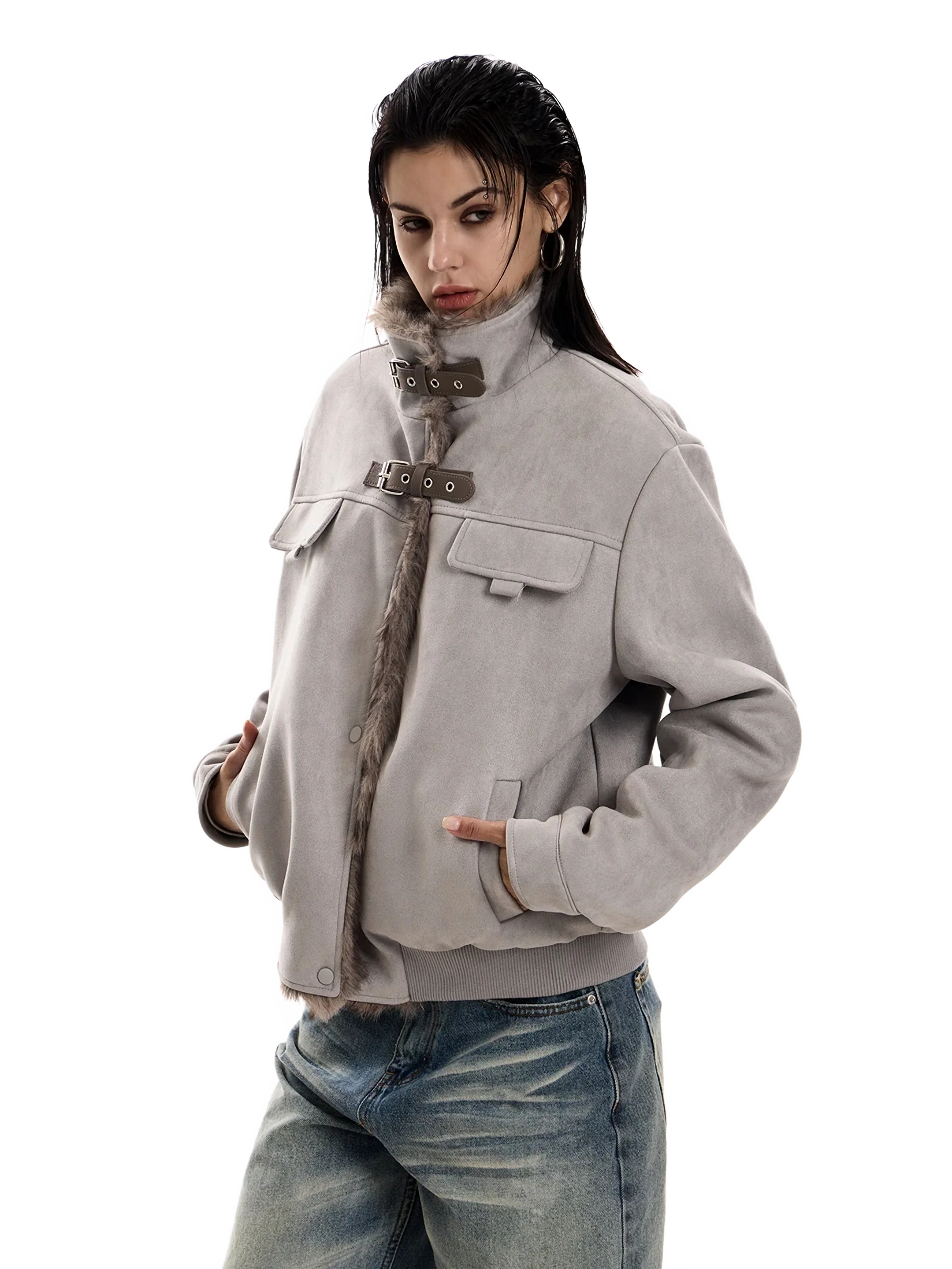 'Reckoning' Suede Fur-Trim Stand Collar Jacket