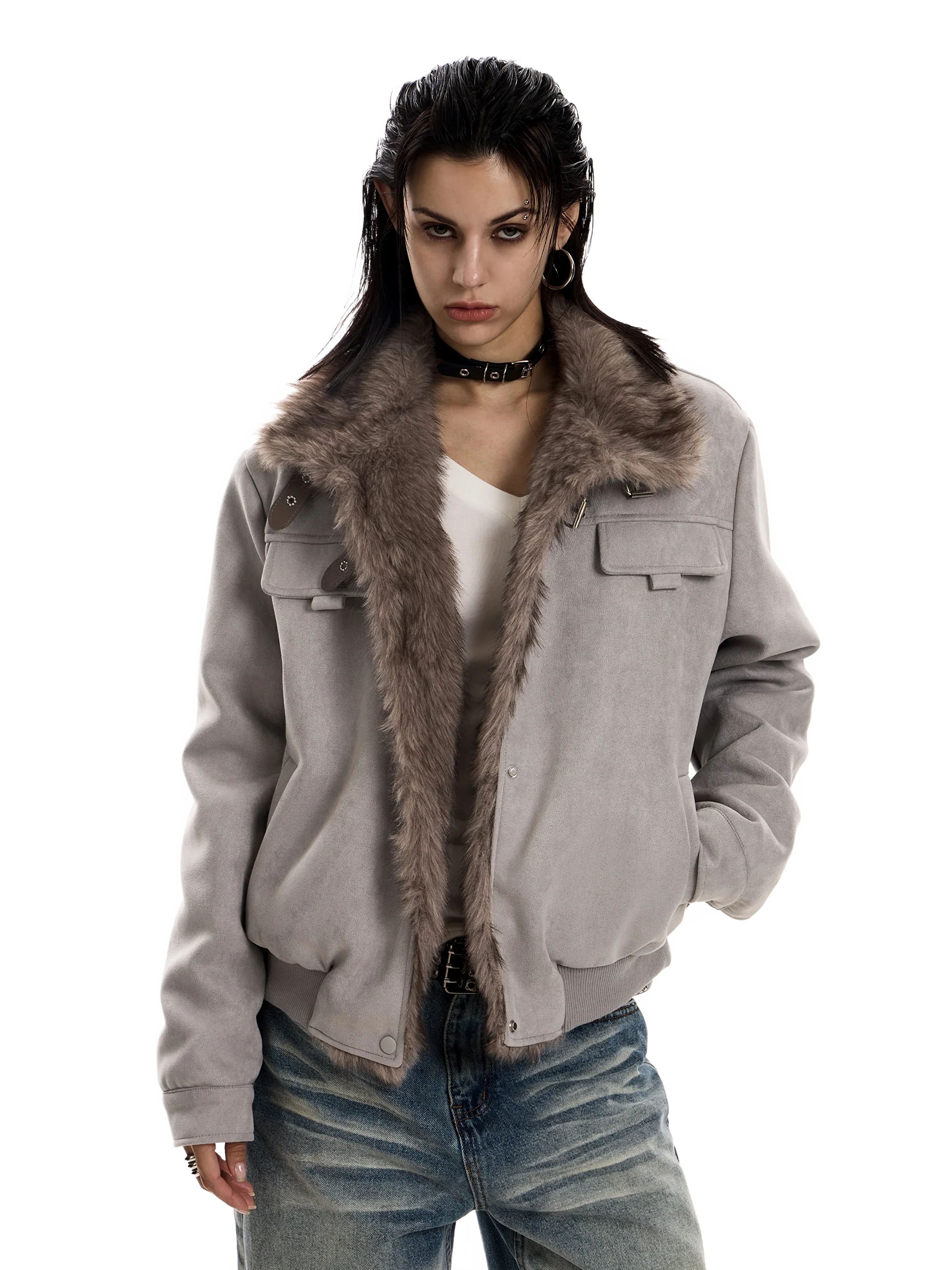 'Reckoning' Suede Fur-Trim Stand Collar Jacket - Image 2