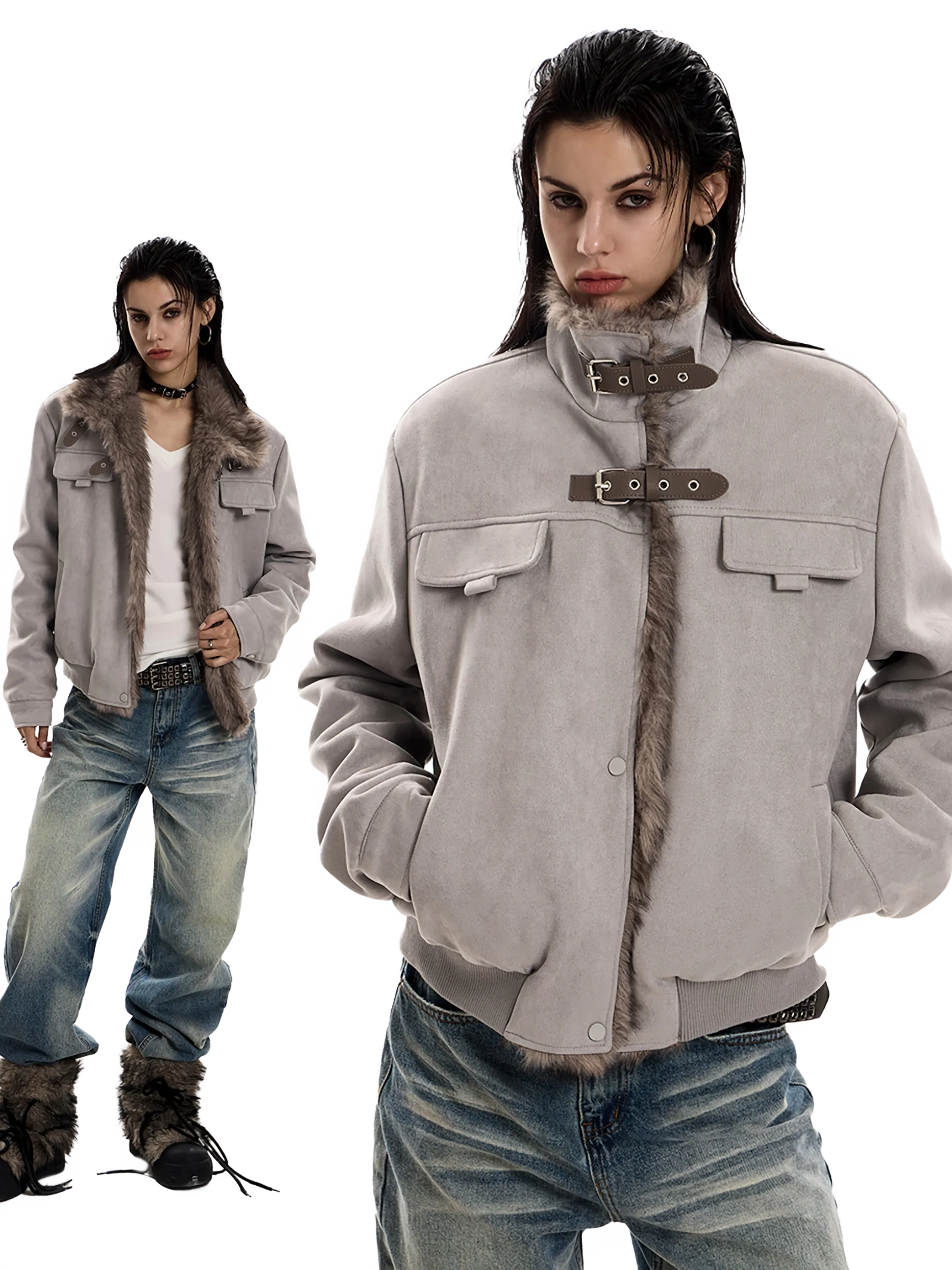 'Reckoning' Suede Fur-Trim Stand Collar Jacket - Image 3
