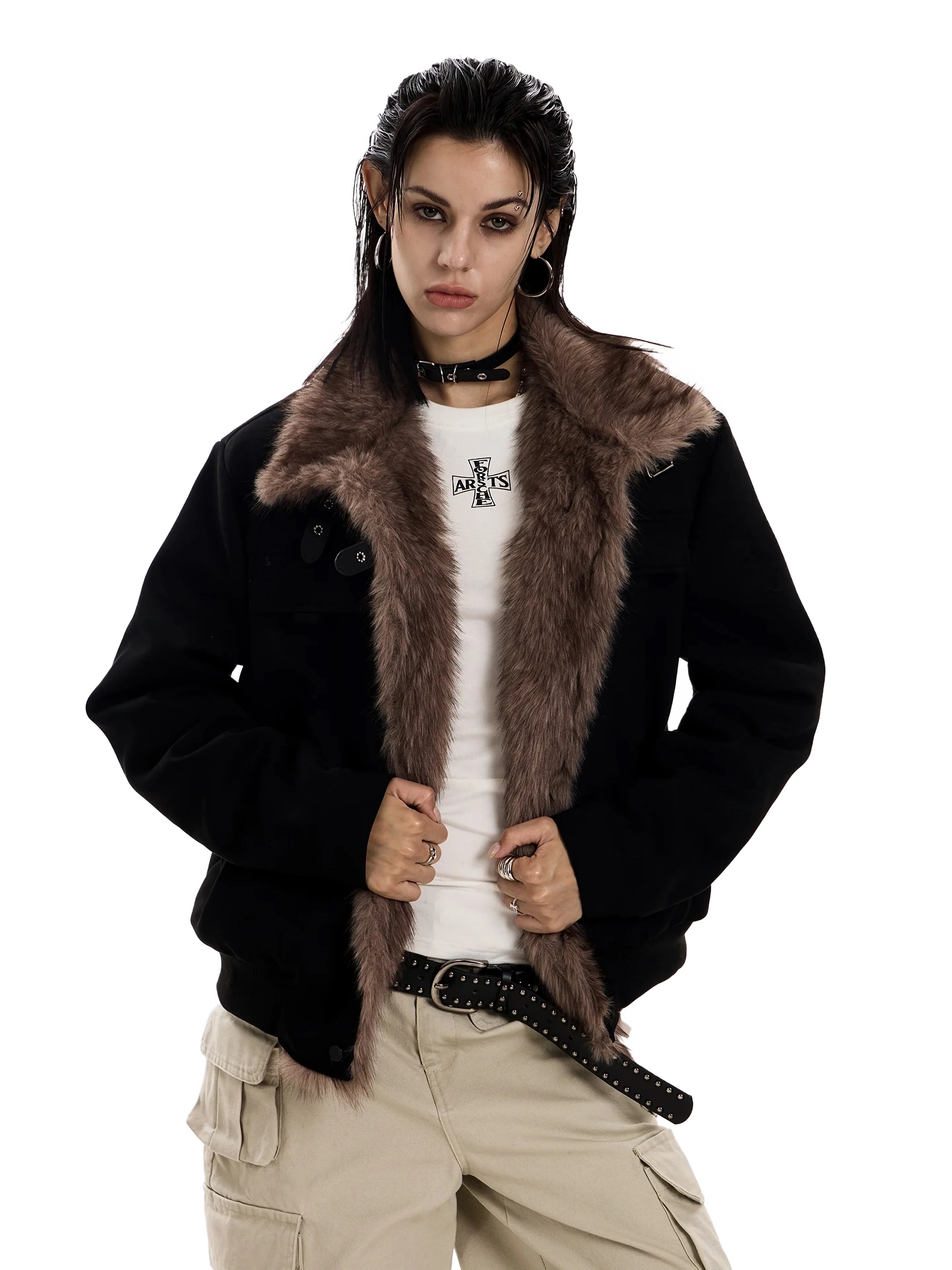 'Reckoning' Suede Fur-Trim Stand Collar Jacket - Image 4
