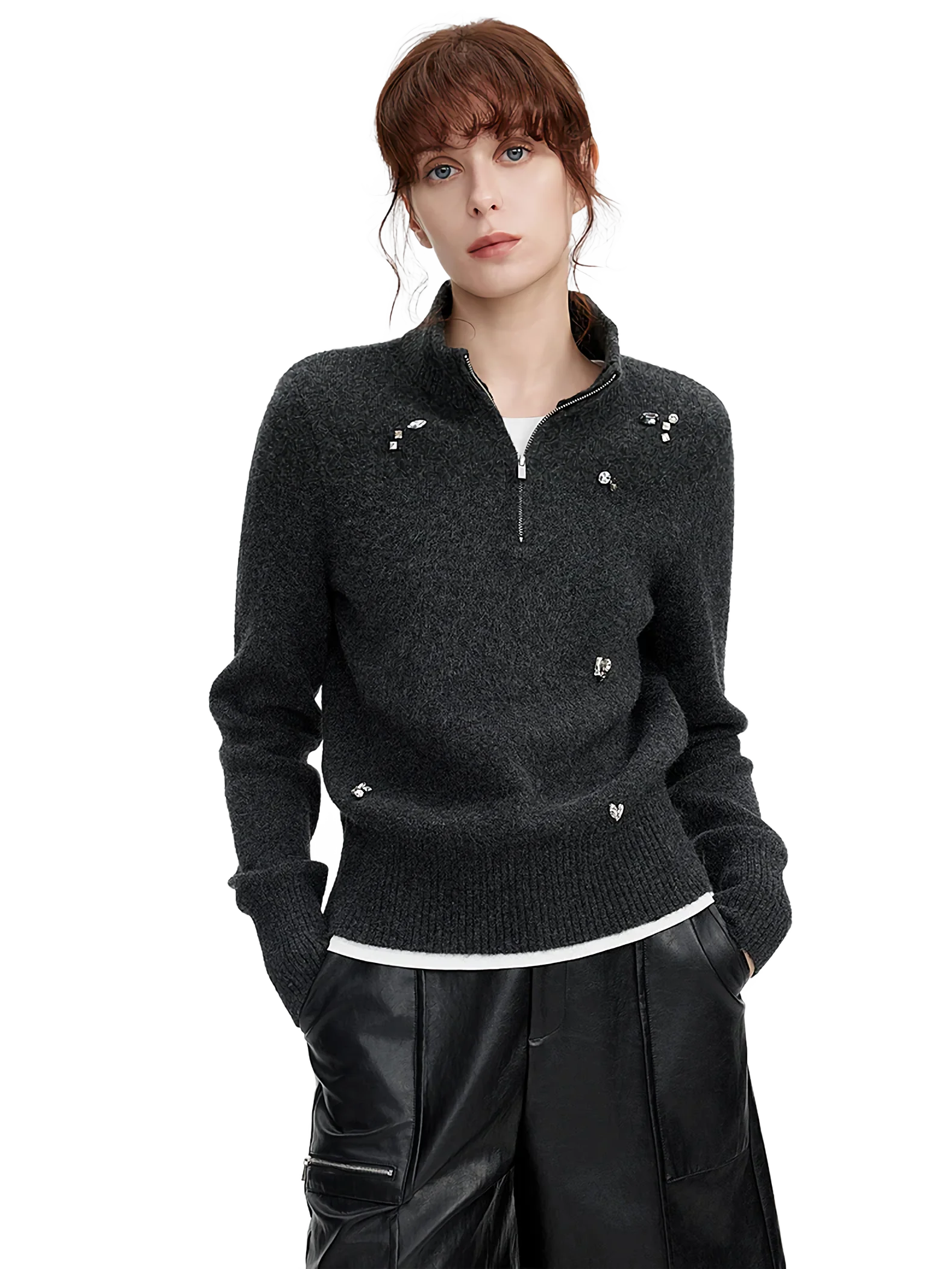 Rhinestone Embellished Quarter-Zip Knit Sweater