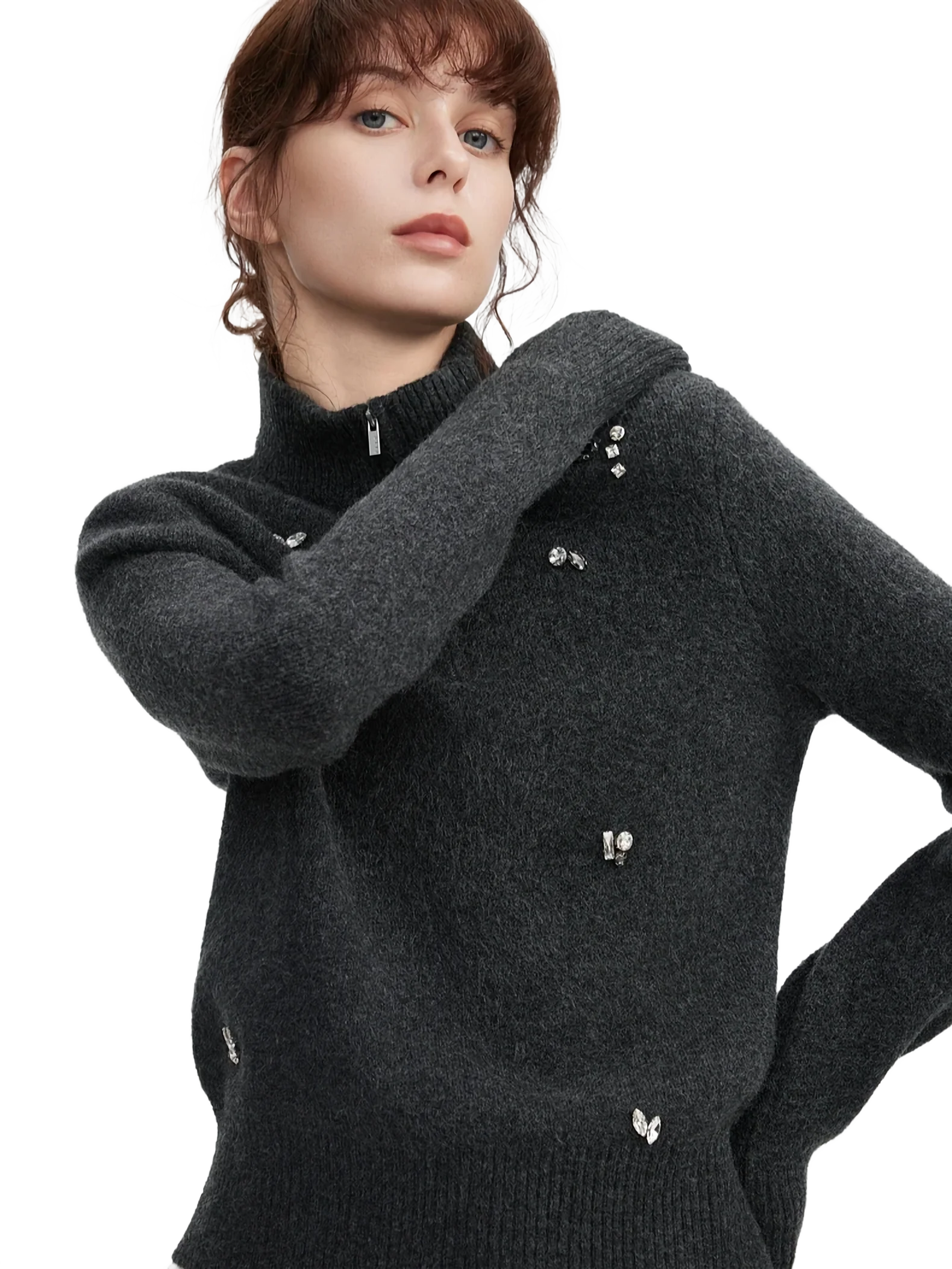 Rhinestone Embellished Quarter-Zip Knit Sweater - Image 2