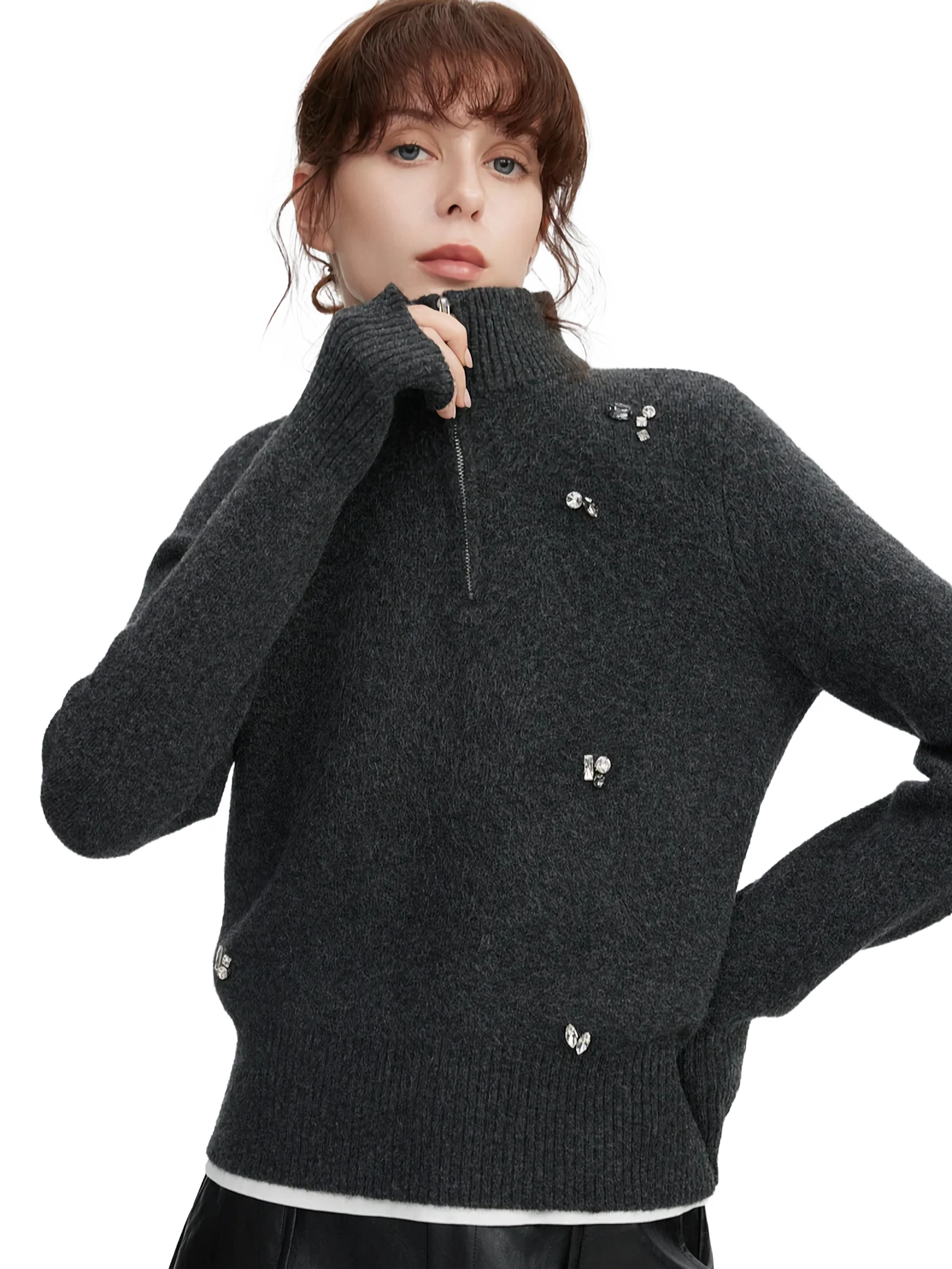 Rhinestone Embellished Quarter-Zip Knit Sweater - Image 3
