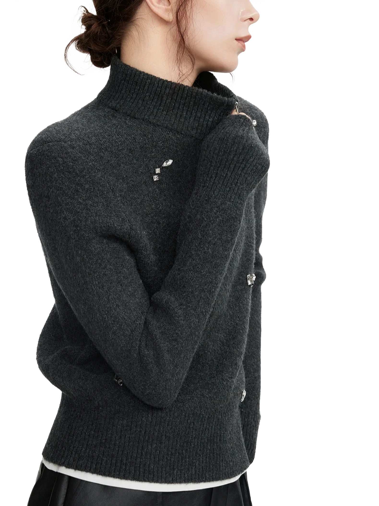 Rhinestone Embellished Quarter-Zip Knit Sweater - Image 4