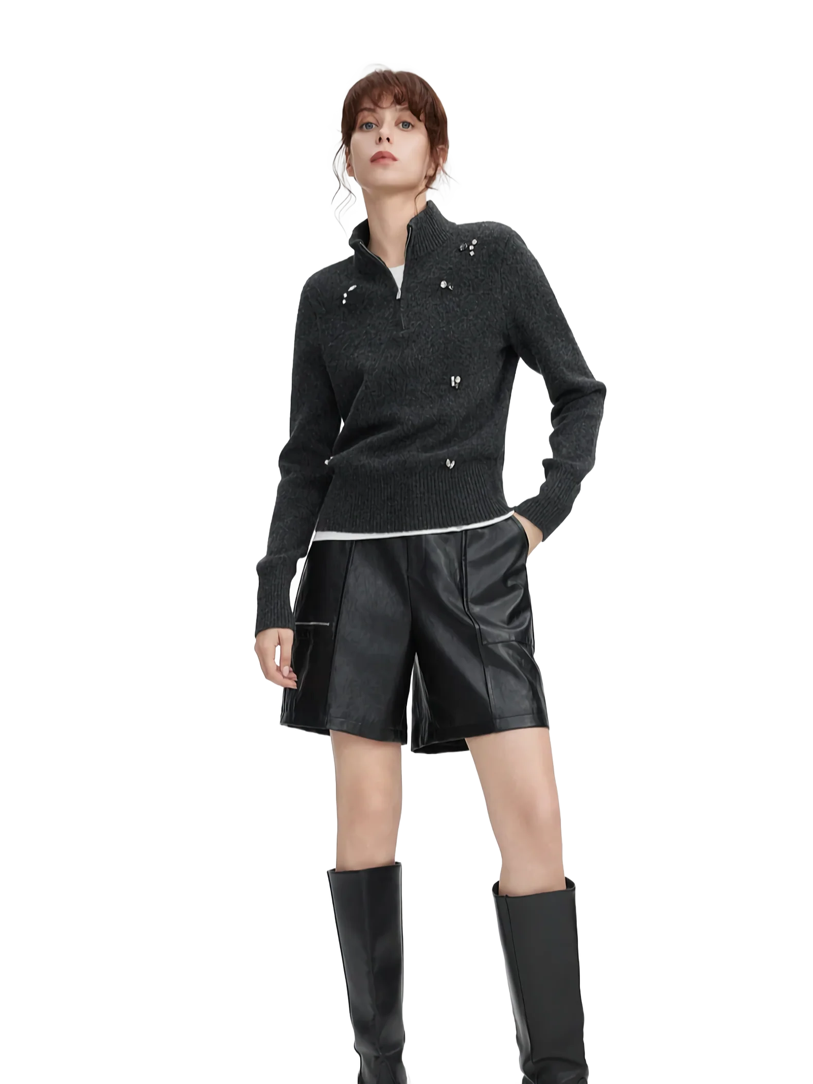 Rhinestone Embellished Quarter-Zip Knit Sweater - Image 5