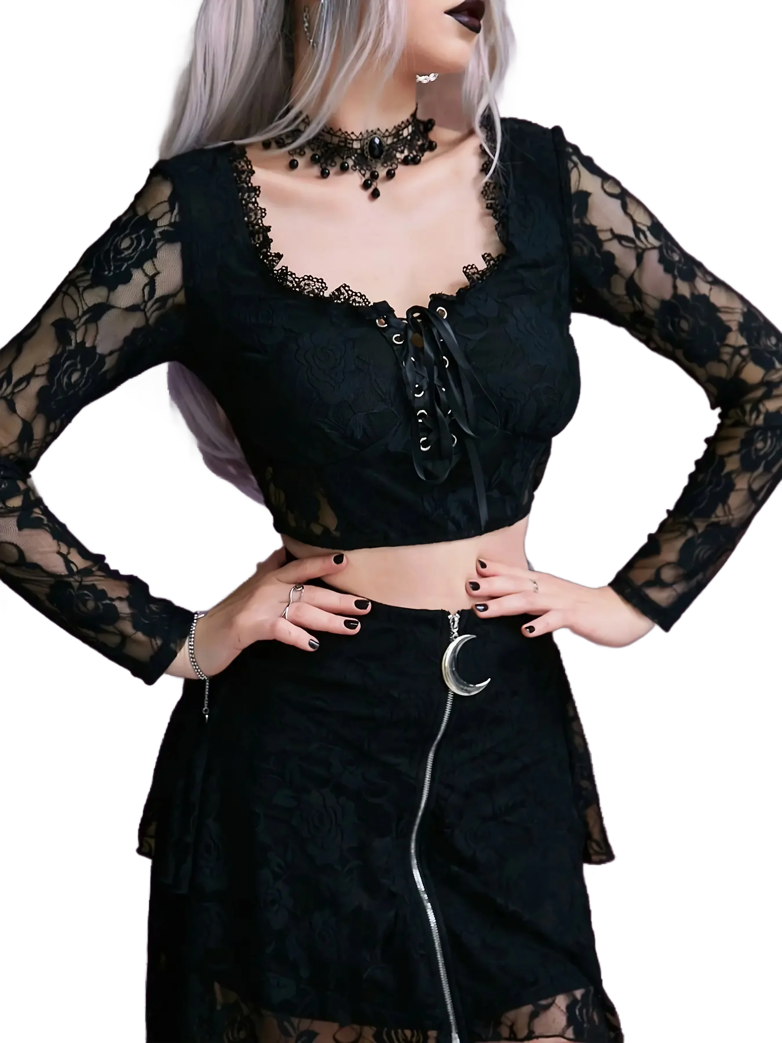 Rose Lace Trim Long Sleeve Crop Top